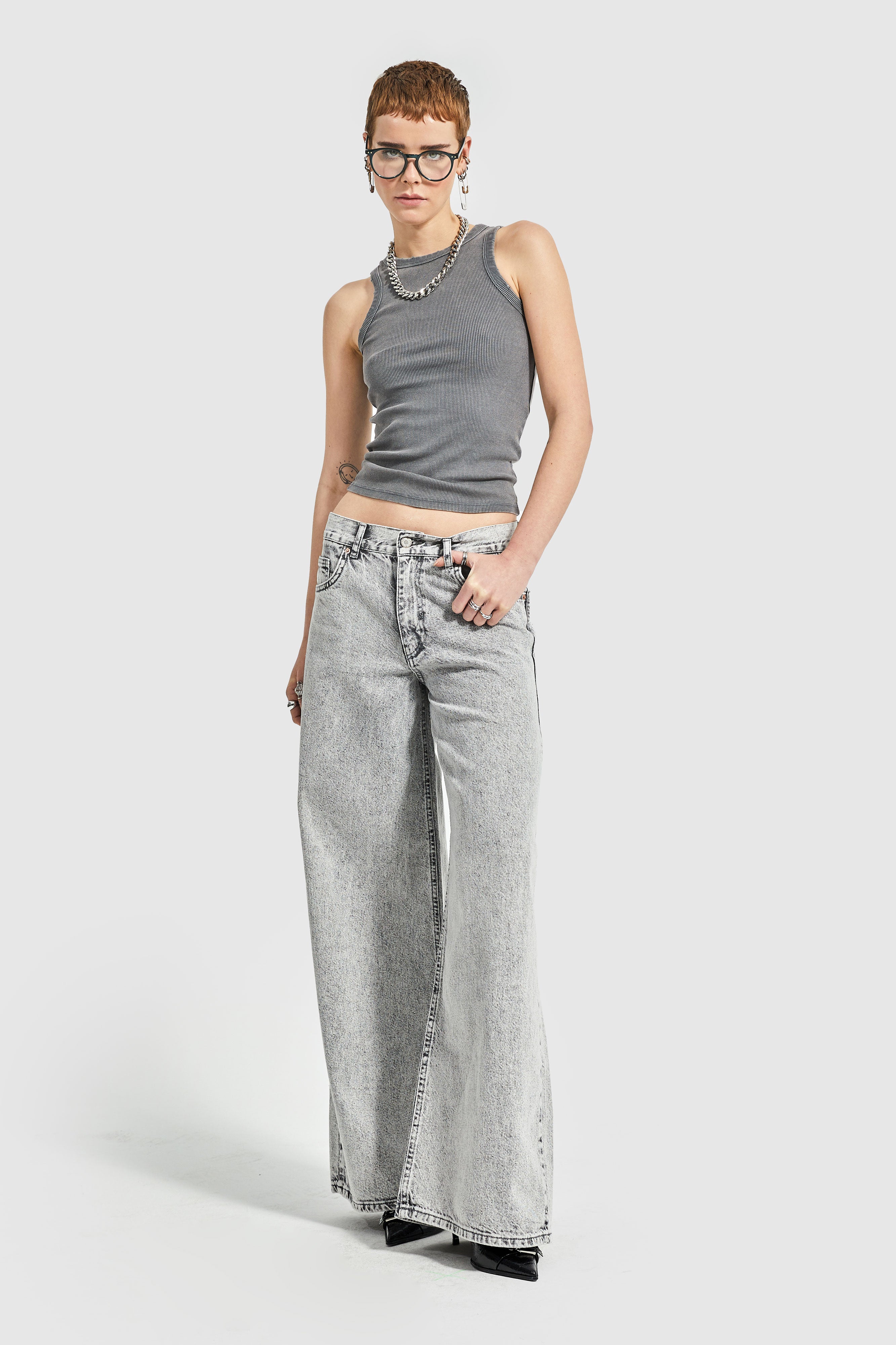 Women's Gray Color Palazzo Fit Denim