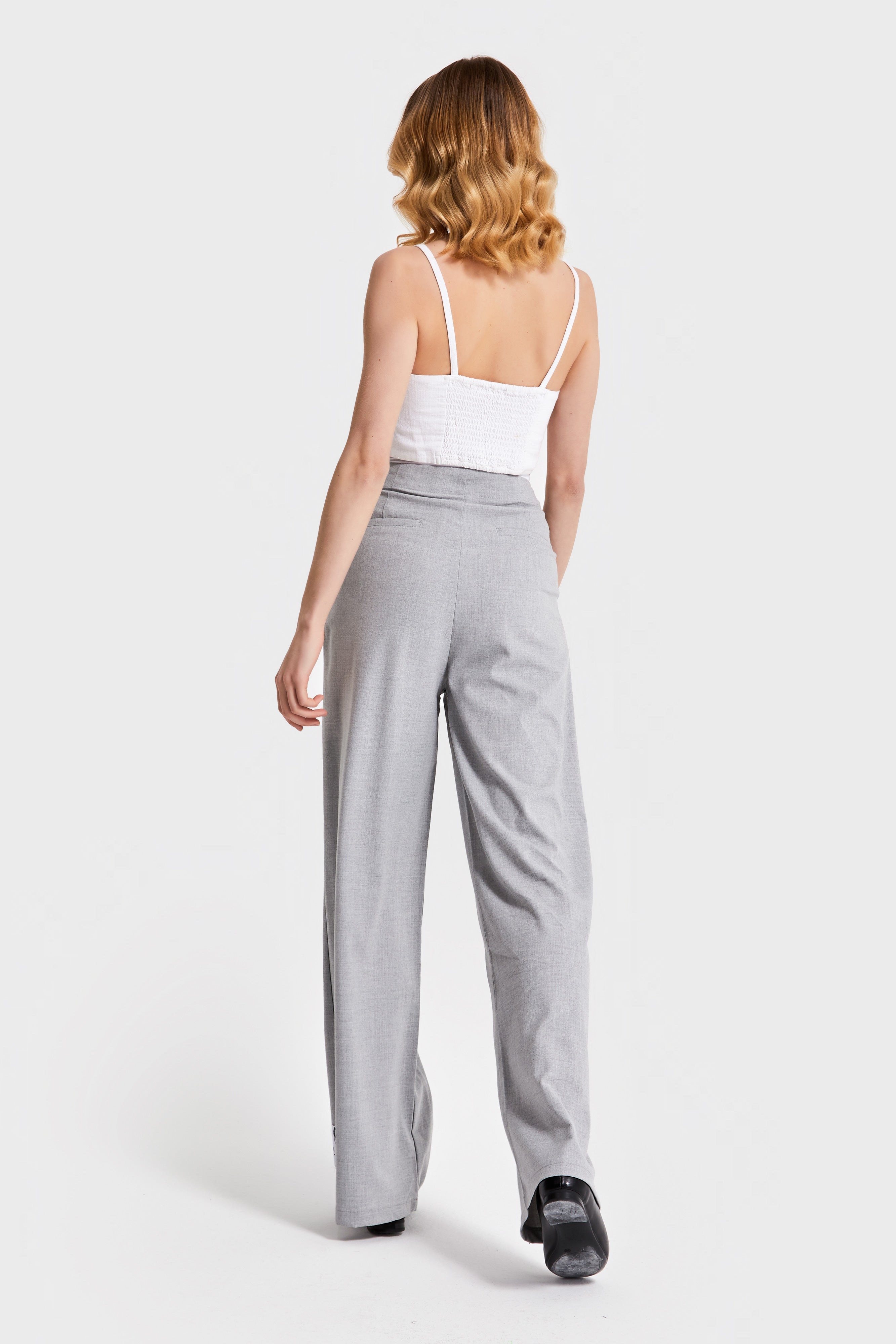 Women's Gray Color Palazzo Fit Relaxed Cut Design Fabric Trousers