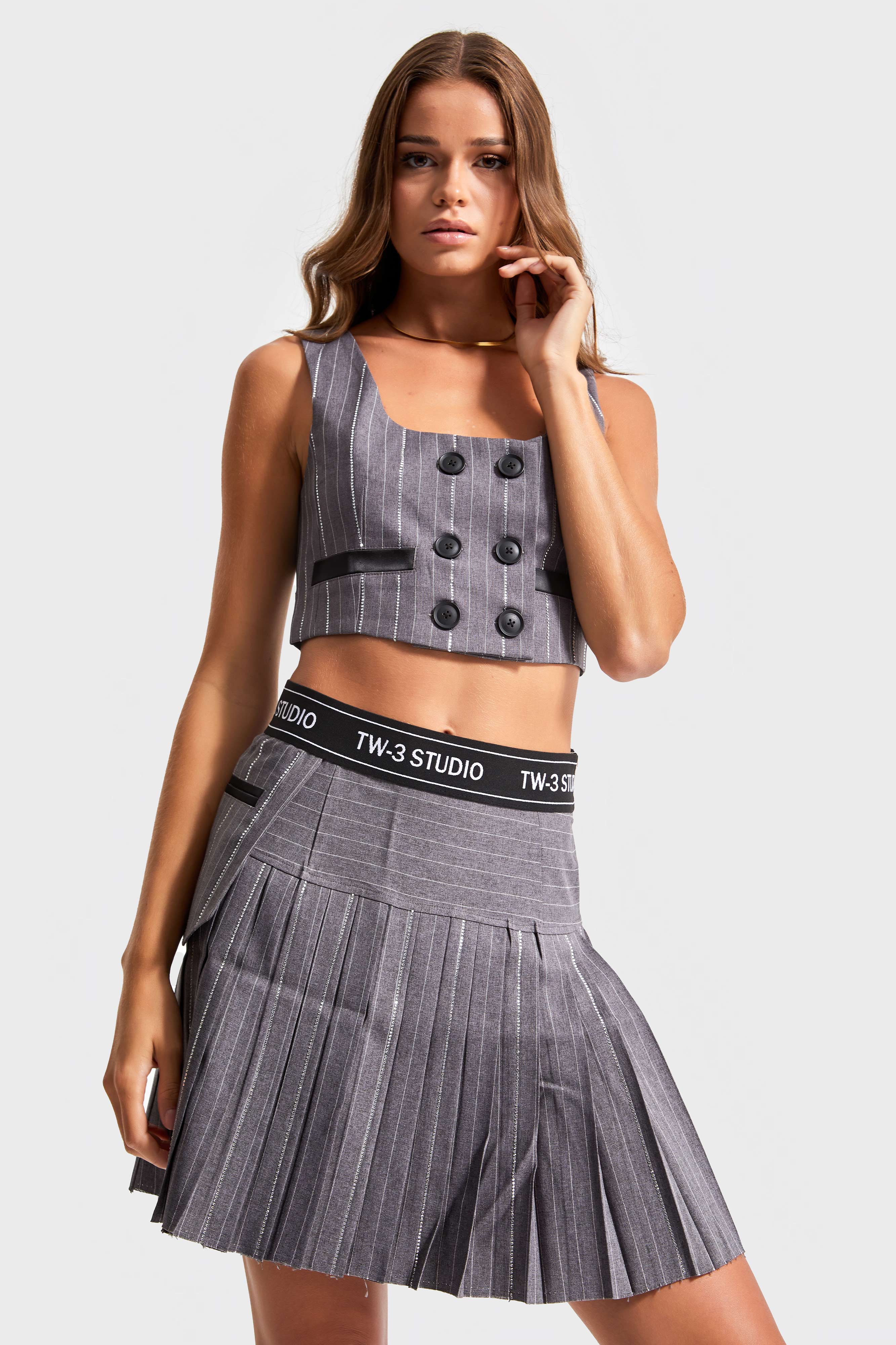 Women's Gray Color Shiny Stone Pleated Design Mini Skirt