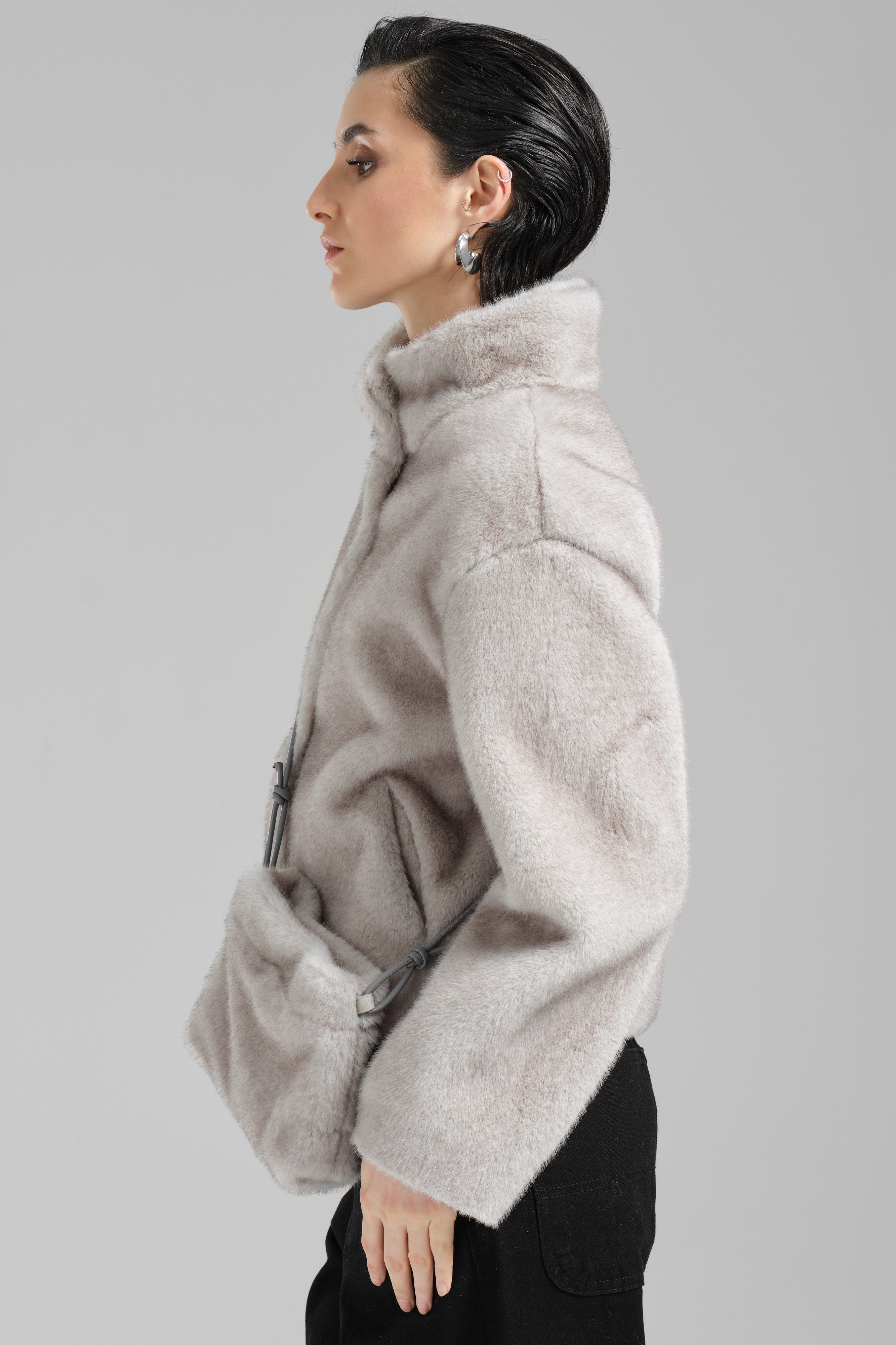 Women's Gray Color Faux Fur Jacket Coat Including Bag