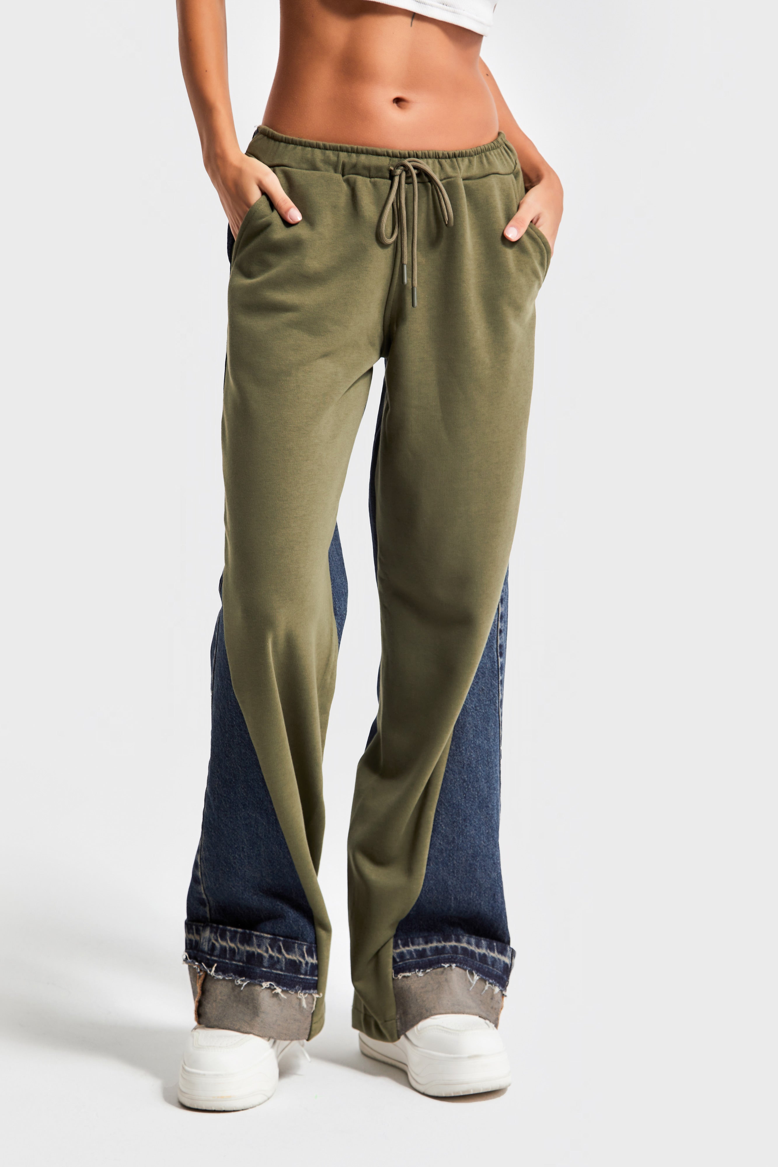 Women's Khaki Color 2w49 Knitted Denim Piece Loose Fit Design Trousers