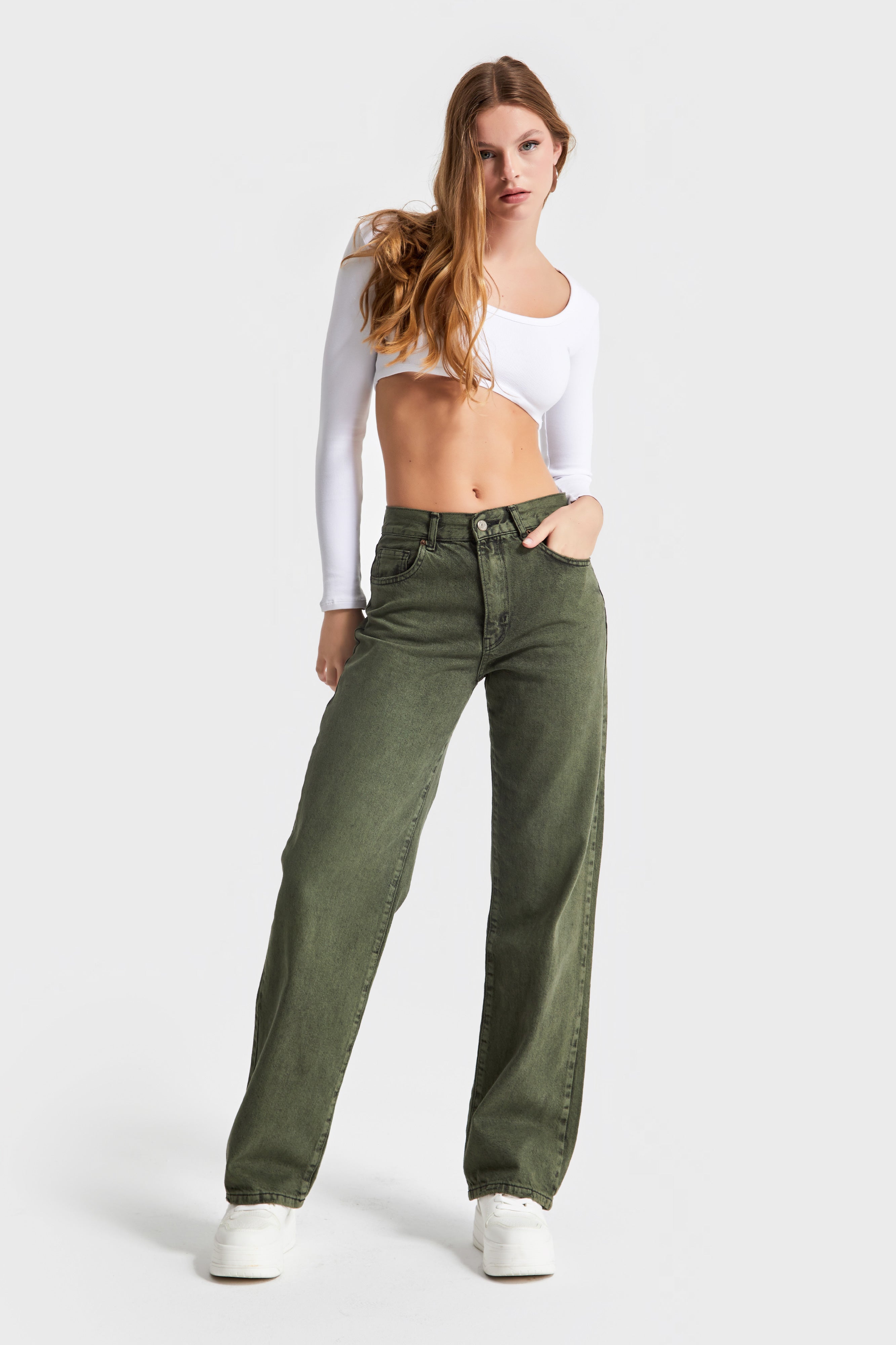 Women's Khaki Color Loose Fit 100% Cotton Mid Waist Denim