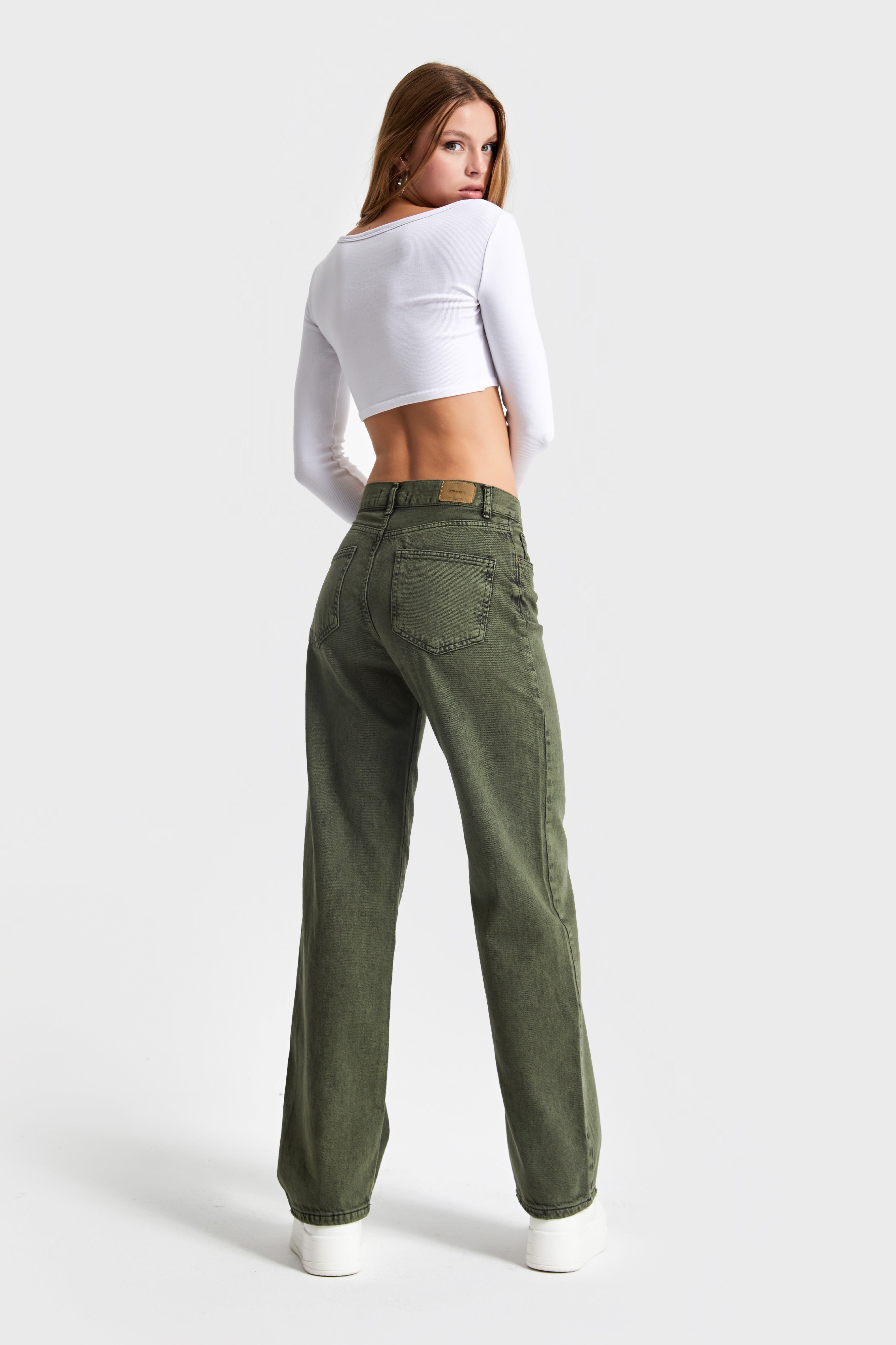 Women's Khaki Color Loose Fit 100% Cotton Mid Waist Denim