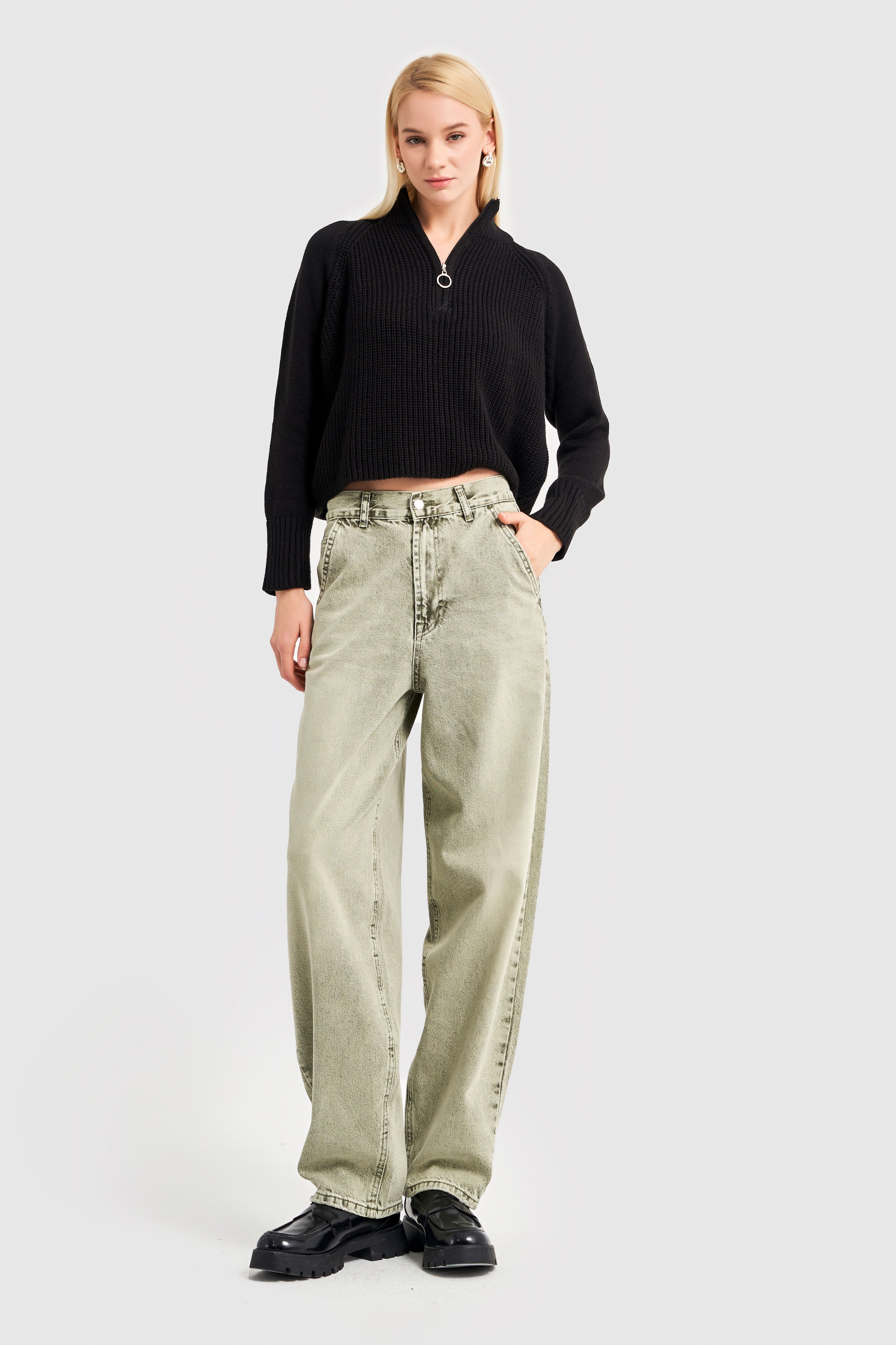 Women's Khaki Color Skater Fit Loose Cut Denim Trousers