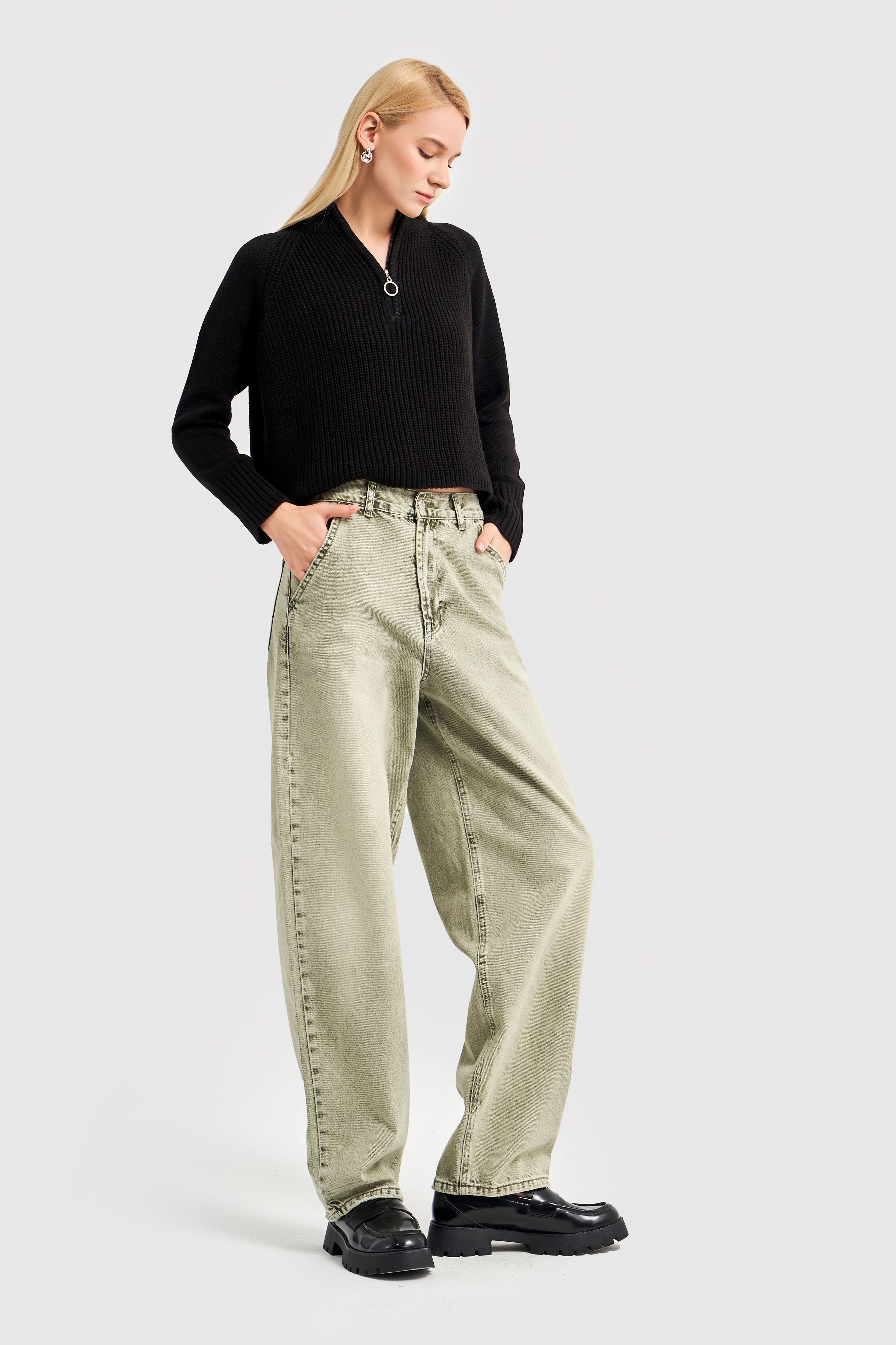 Women's Khaki Color Skater Fit Loose Cut Denim Trousers