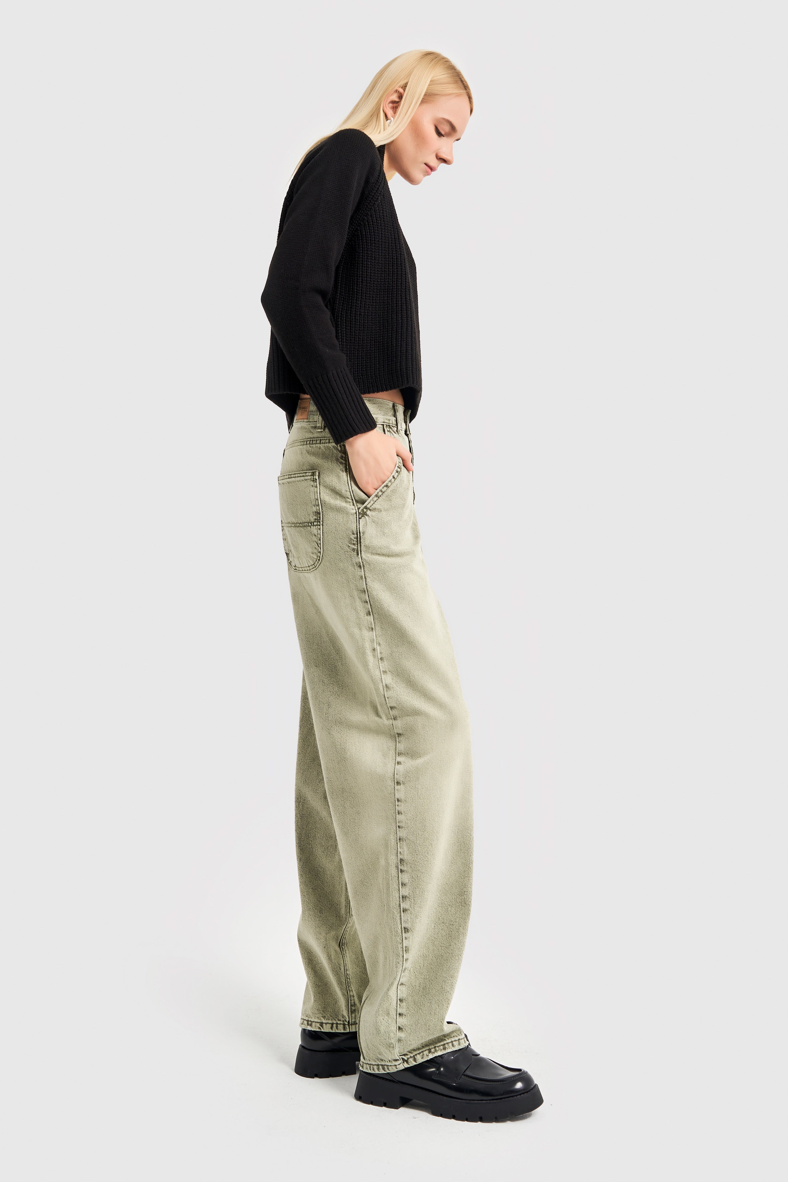 Women's Khaki Color Skater Fit Loose Cut Denim Trousers