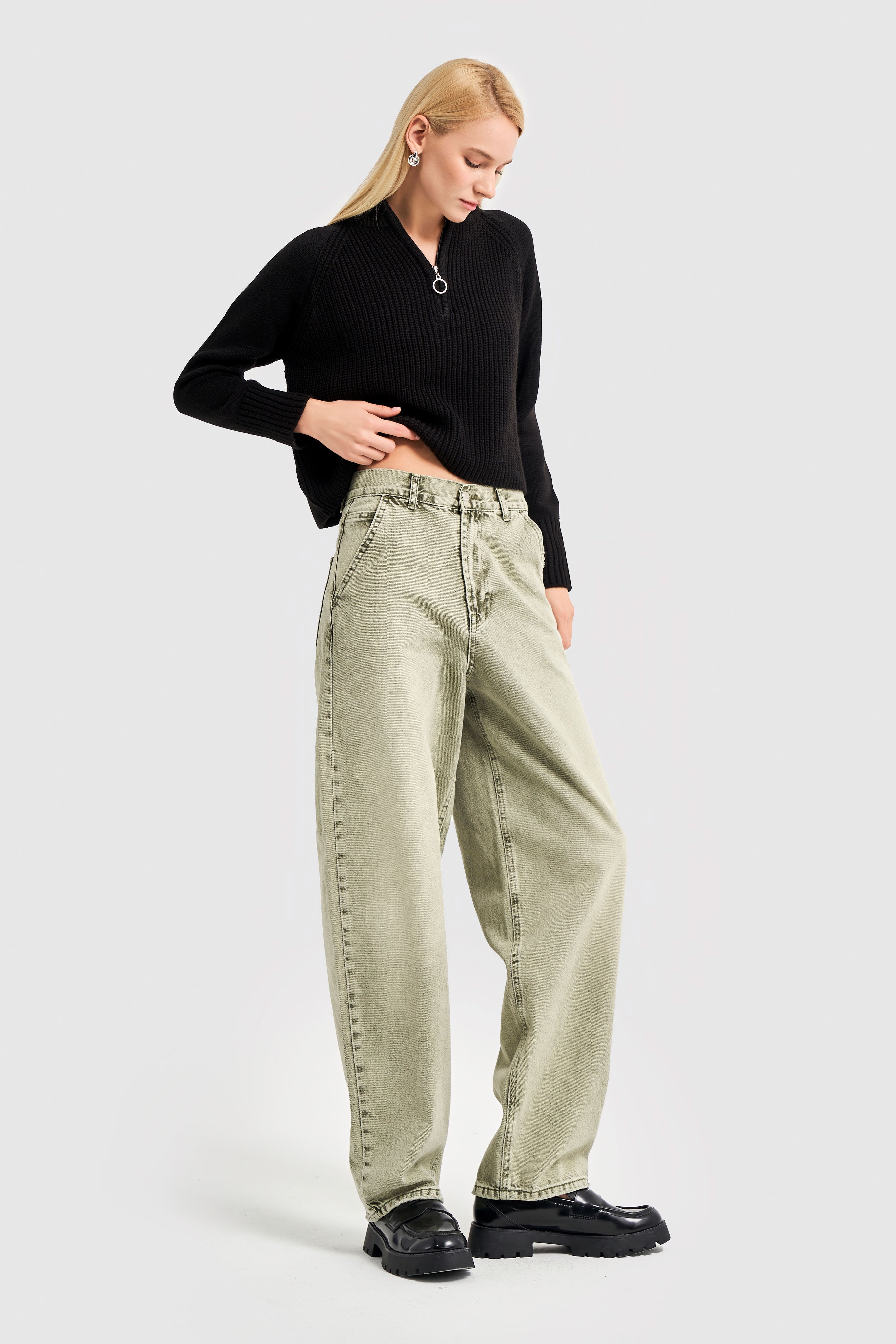 Women's Khaki Color Skater Fit Loose Cut Denim Trousers