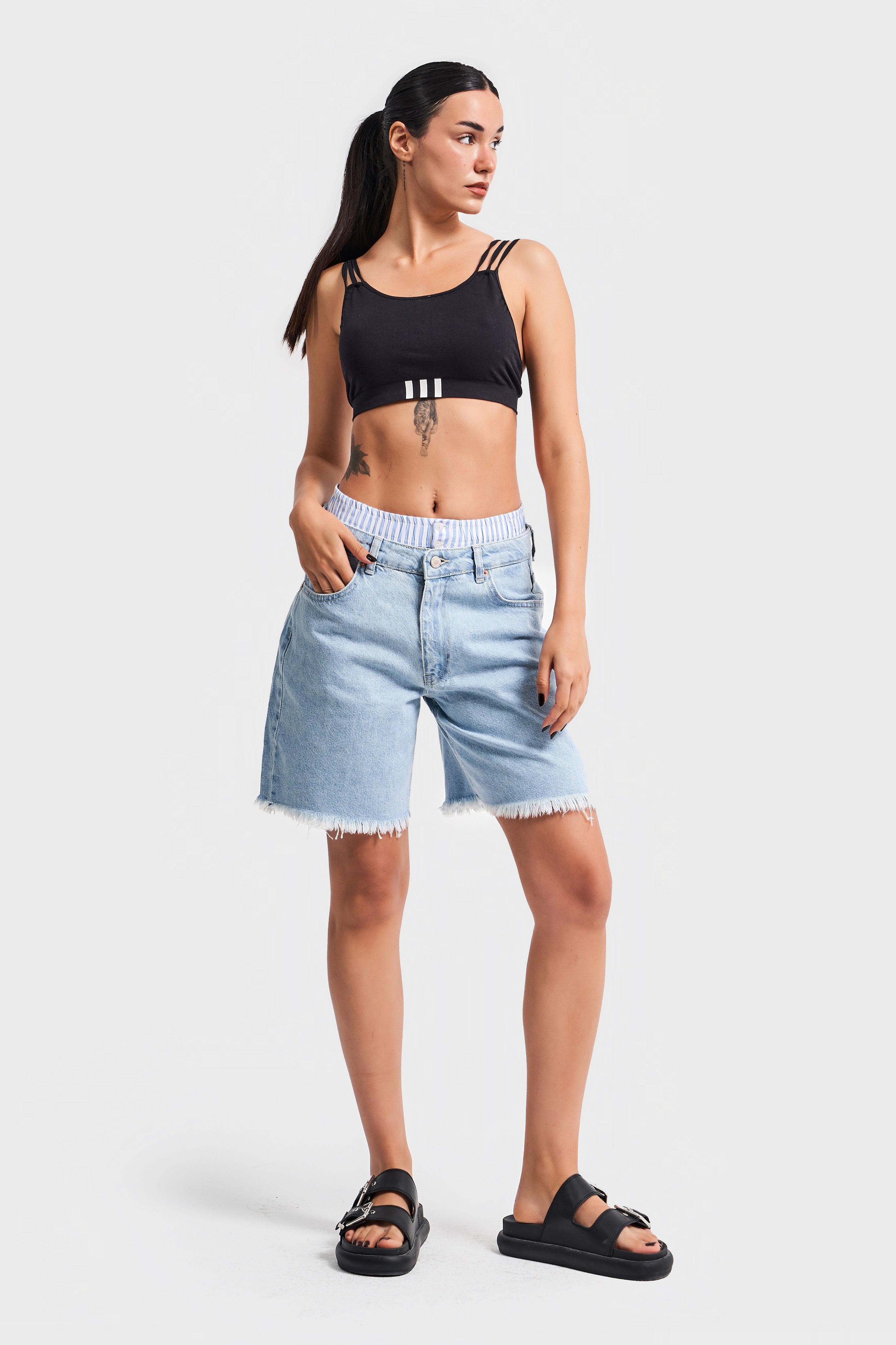 Women's Denim Color Boxer Detail Midi Length Denim Shorts