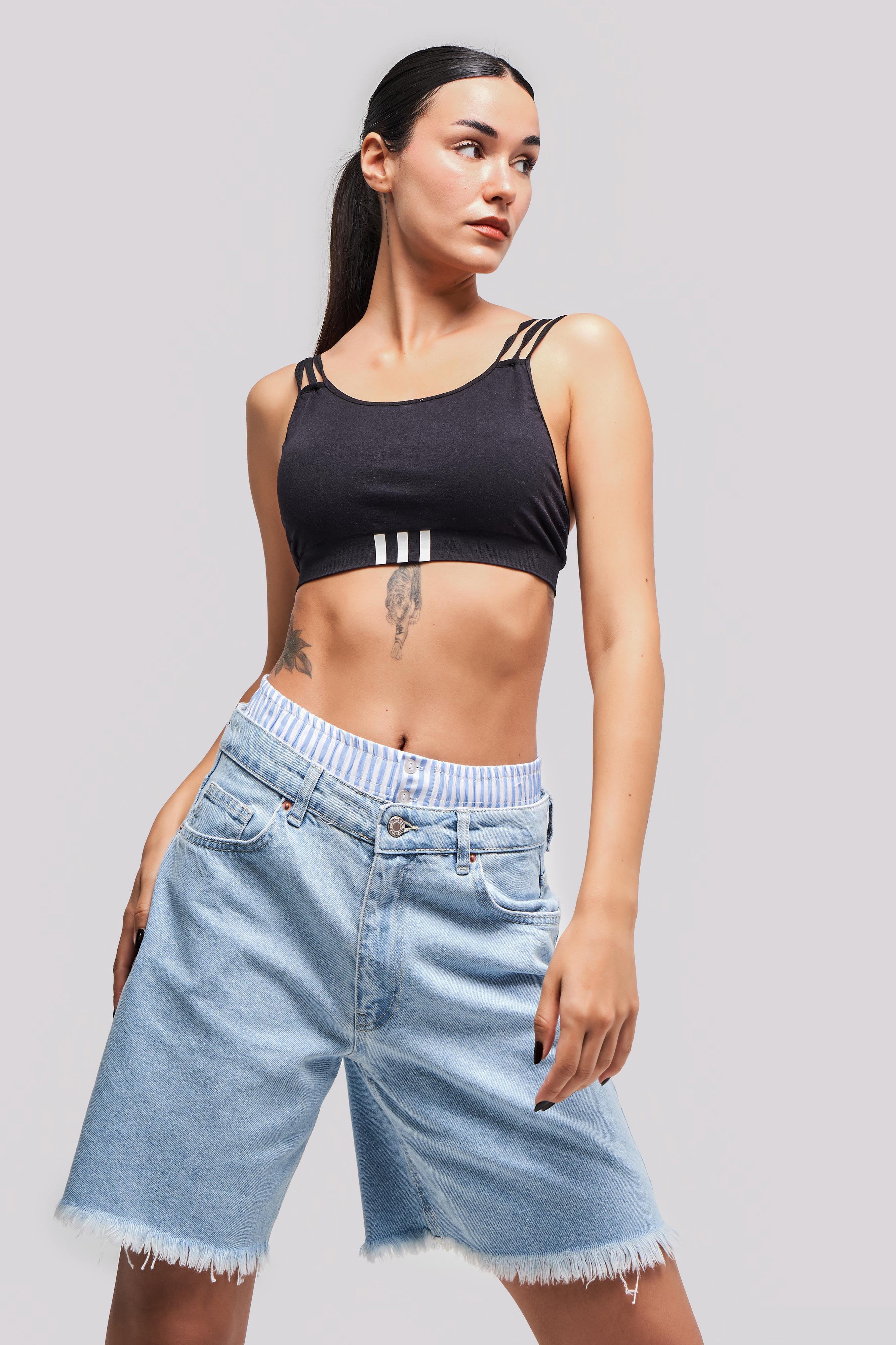 Women's Denim Color Boxer Detail Midi Length Denim Shorts