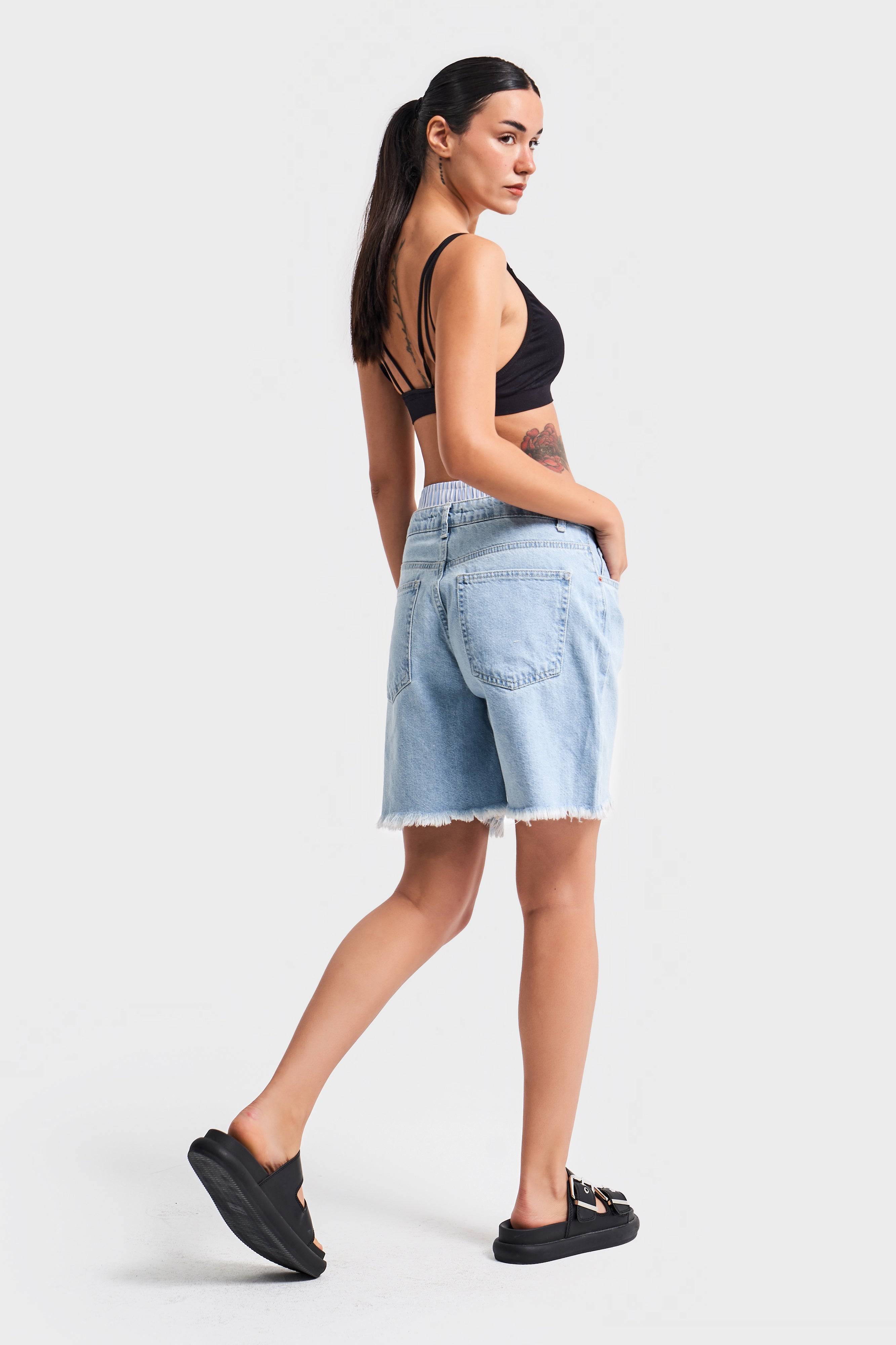 Women's Denim Color Boxer Detail Midi Length Denim Shorts