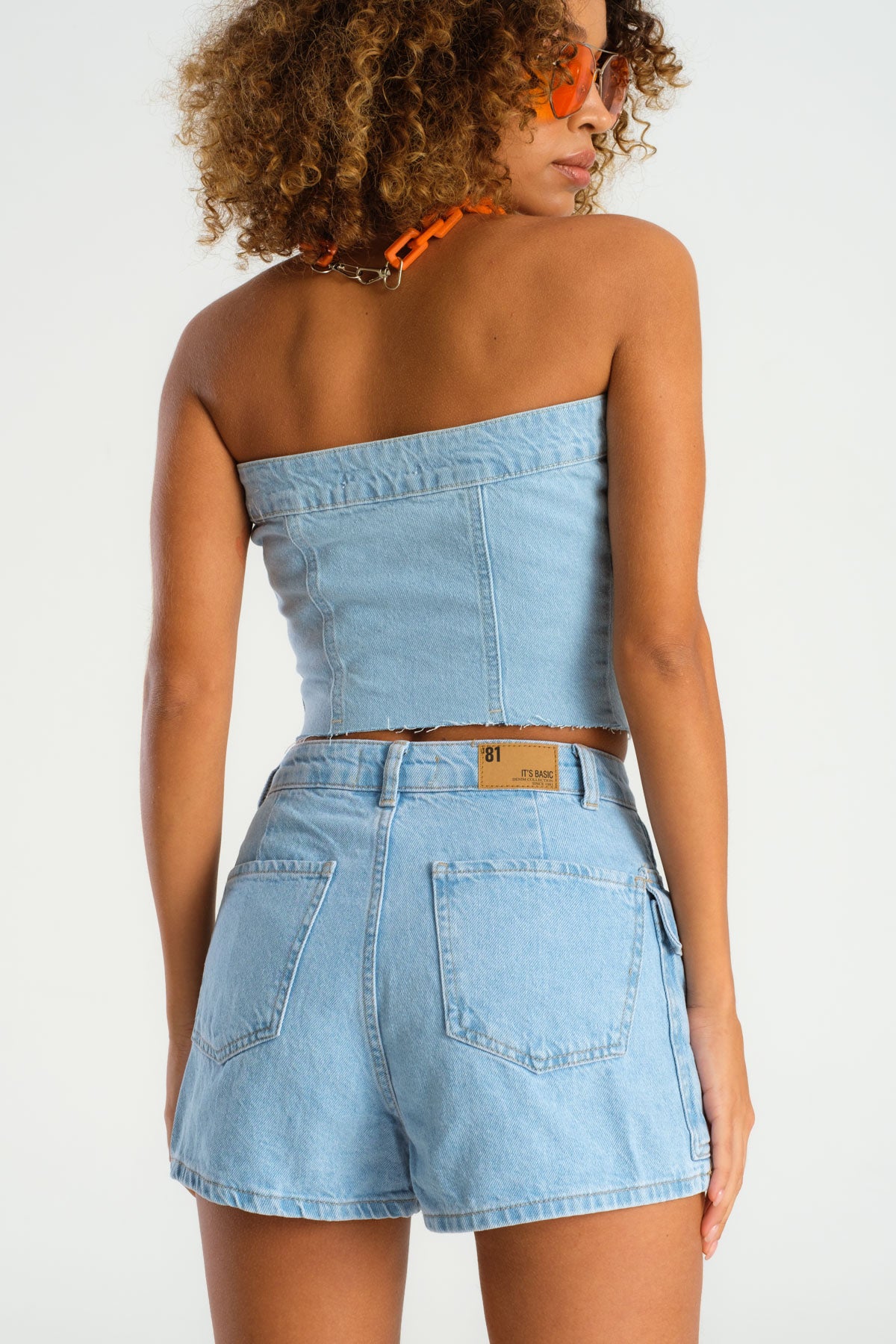 Women's Ice Denim Color Front Buttoned Strapless Denim Bustier