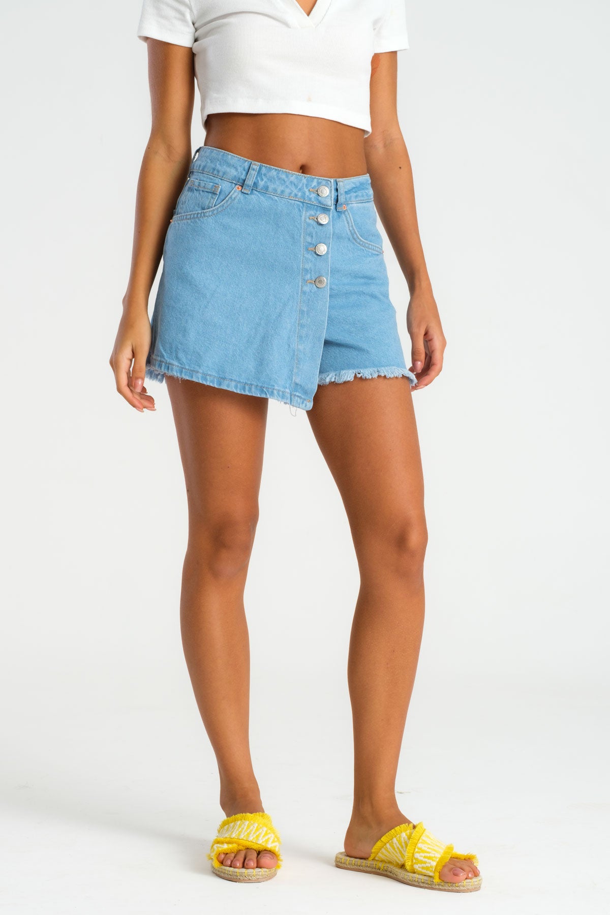 Women's Ice Blue Color Front Button Denim Shorts Skirt