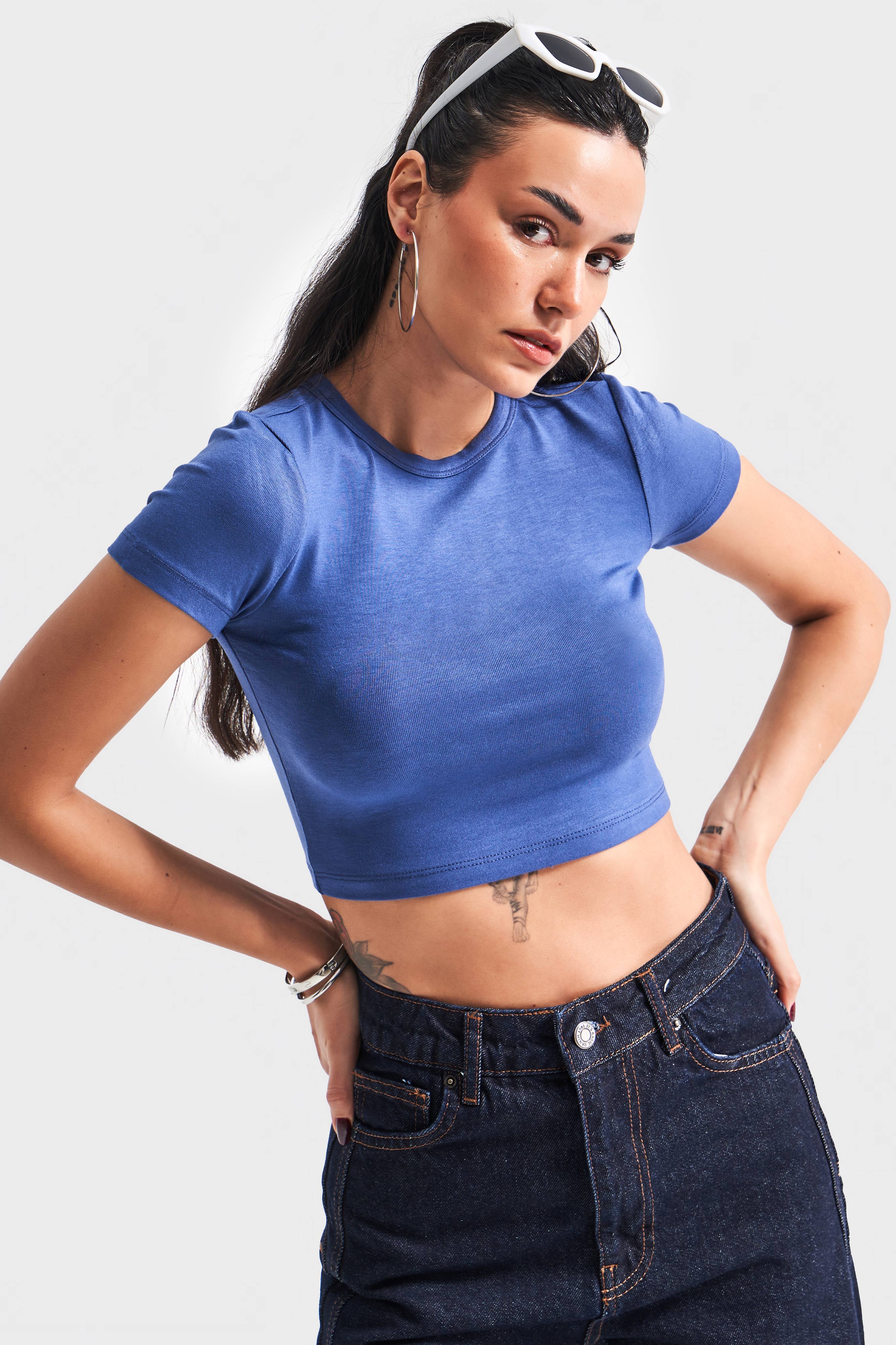 Kadın İndigo Renk S5 Süper Esnek Kumaş Crop Fit Top