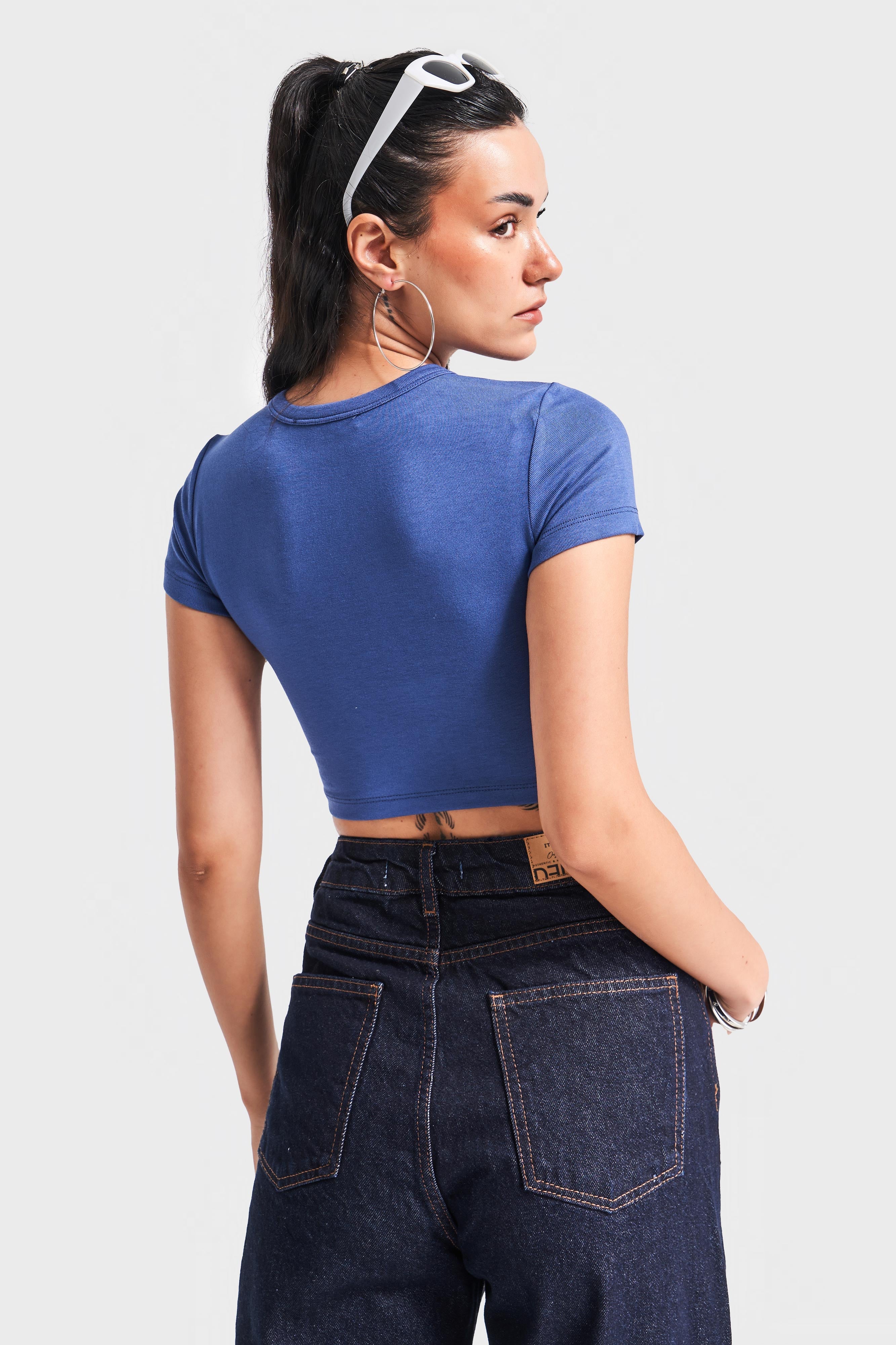 Kadın İndigo Renk S5 Süper Esnek Kumaş Crop Fit Top