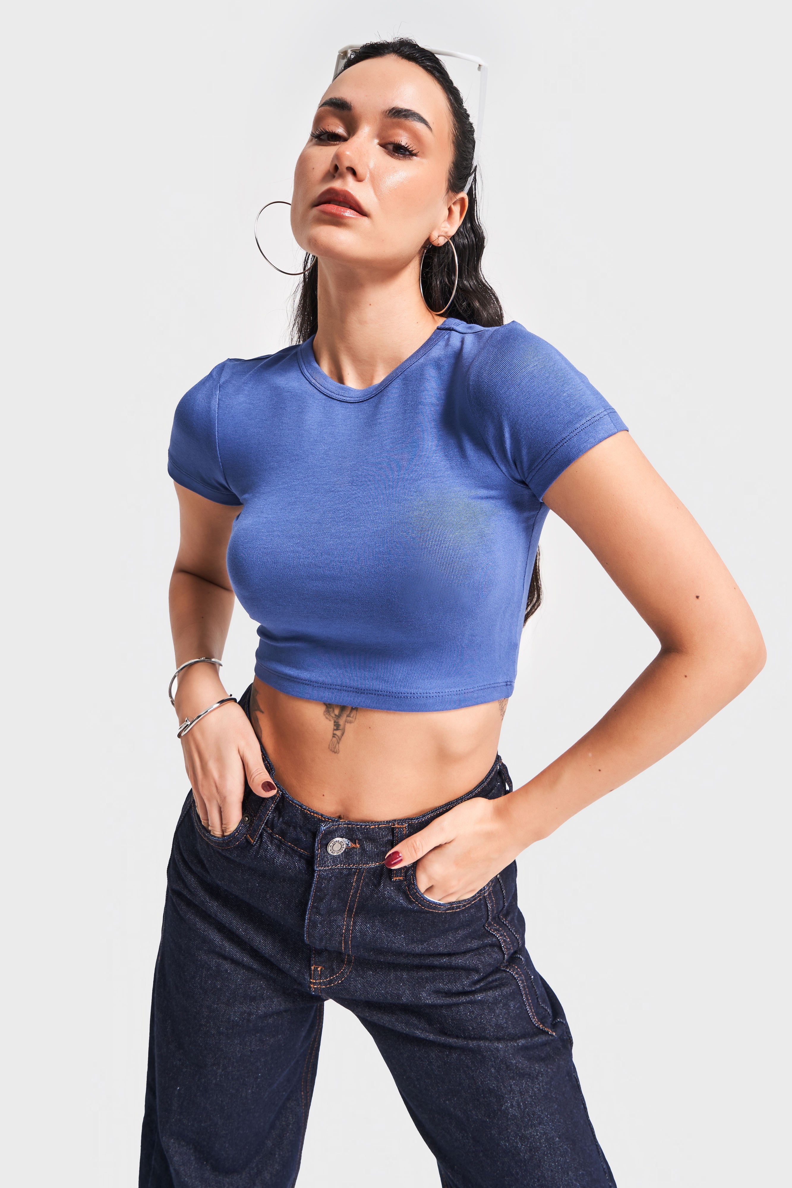 Kadın İndigo Renk S5 Süper Esnek Kumaş Crop Fit Top