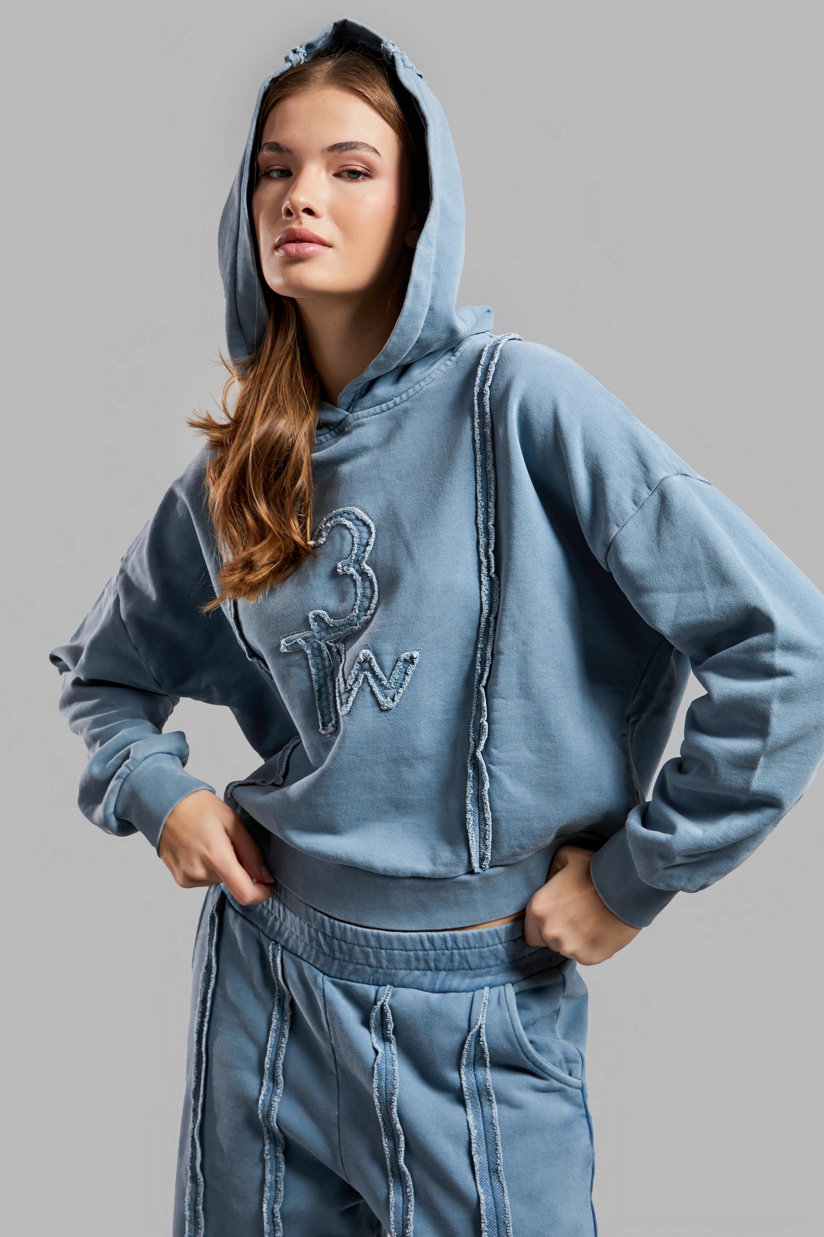 Women's Indigo Color Washed Special Fabric Design Hooded Sweatshirt