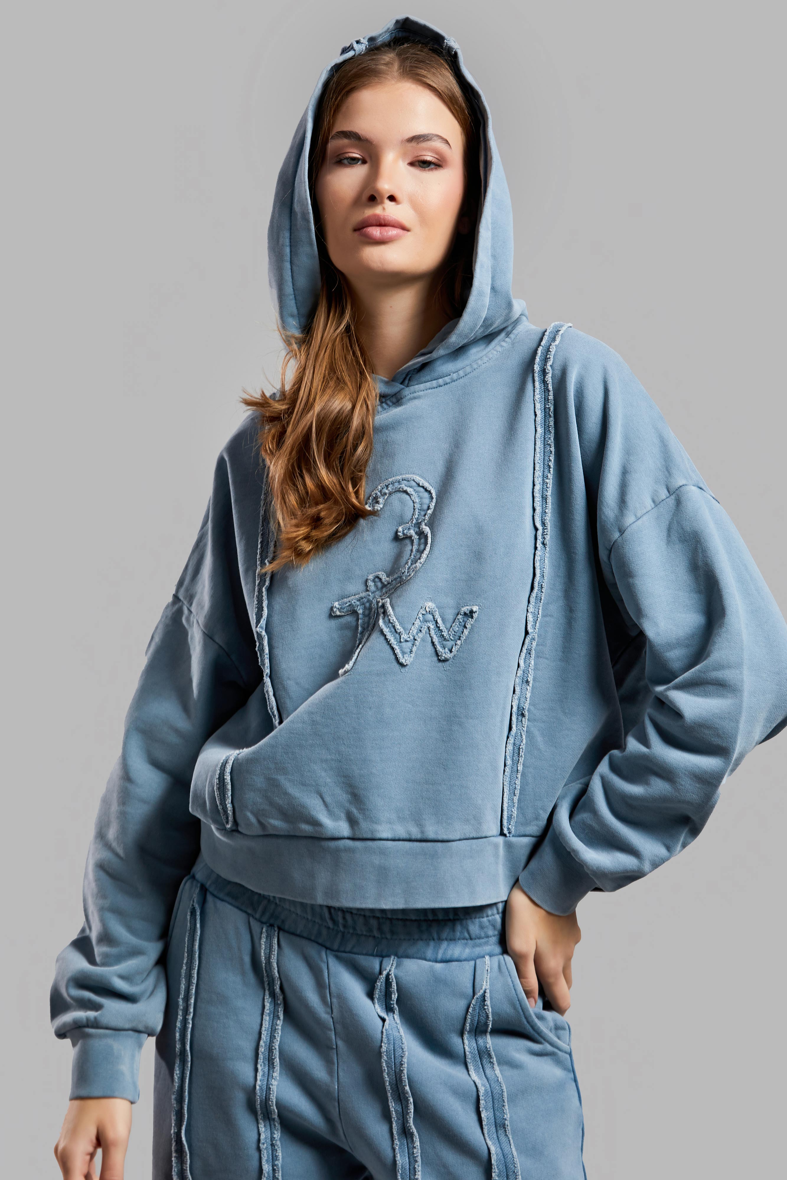 Women's Indigo Color Washed Special Fabric Design Hooded Sweatshirt