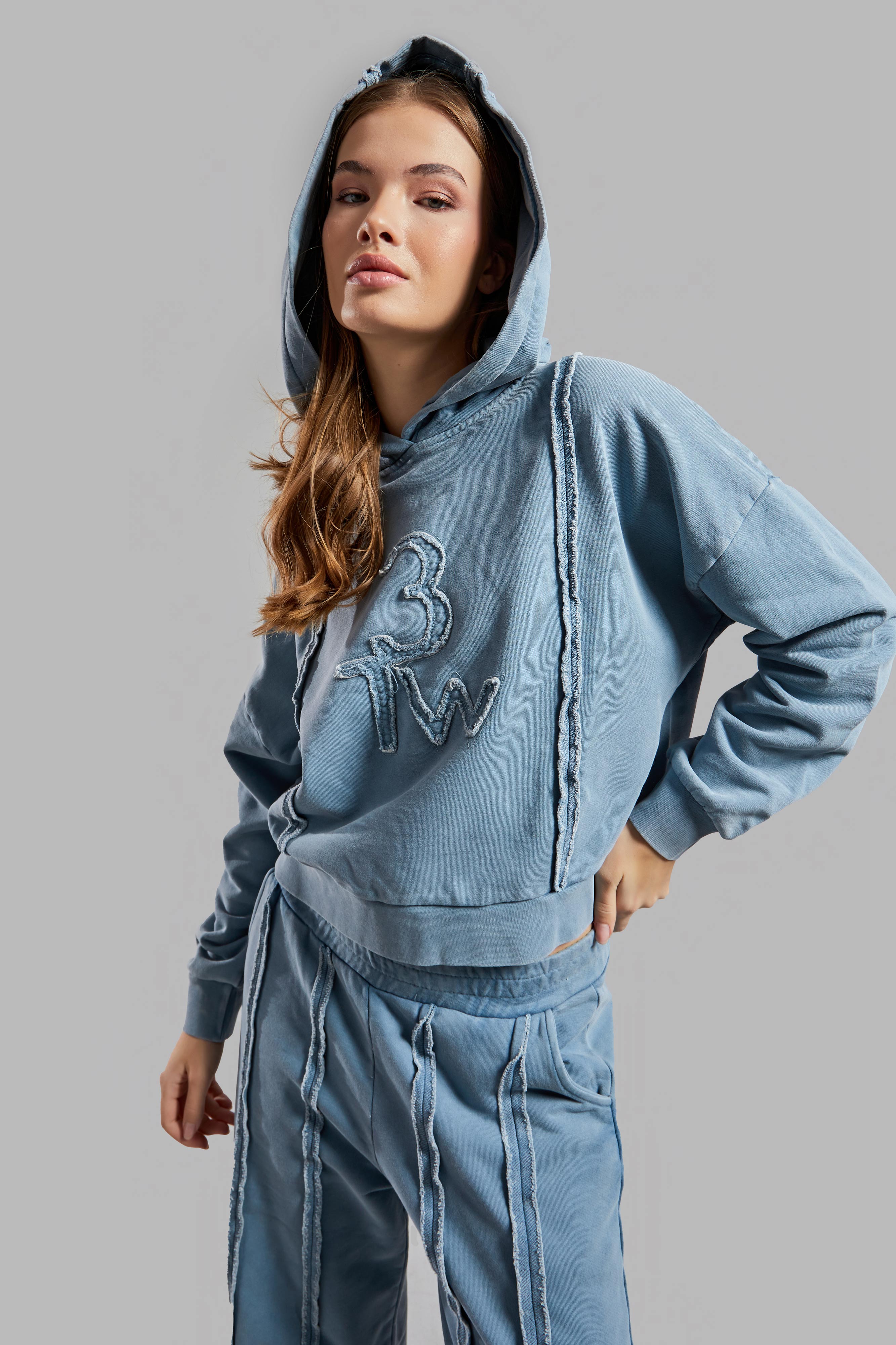 Women's Indigo Color Washed Special Fabric Design Hooded Sweatshirt