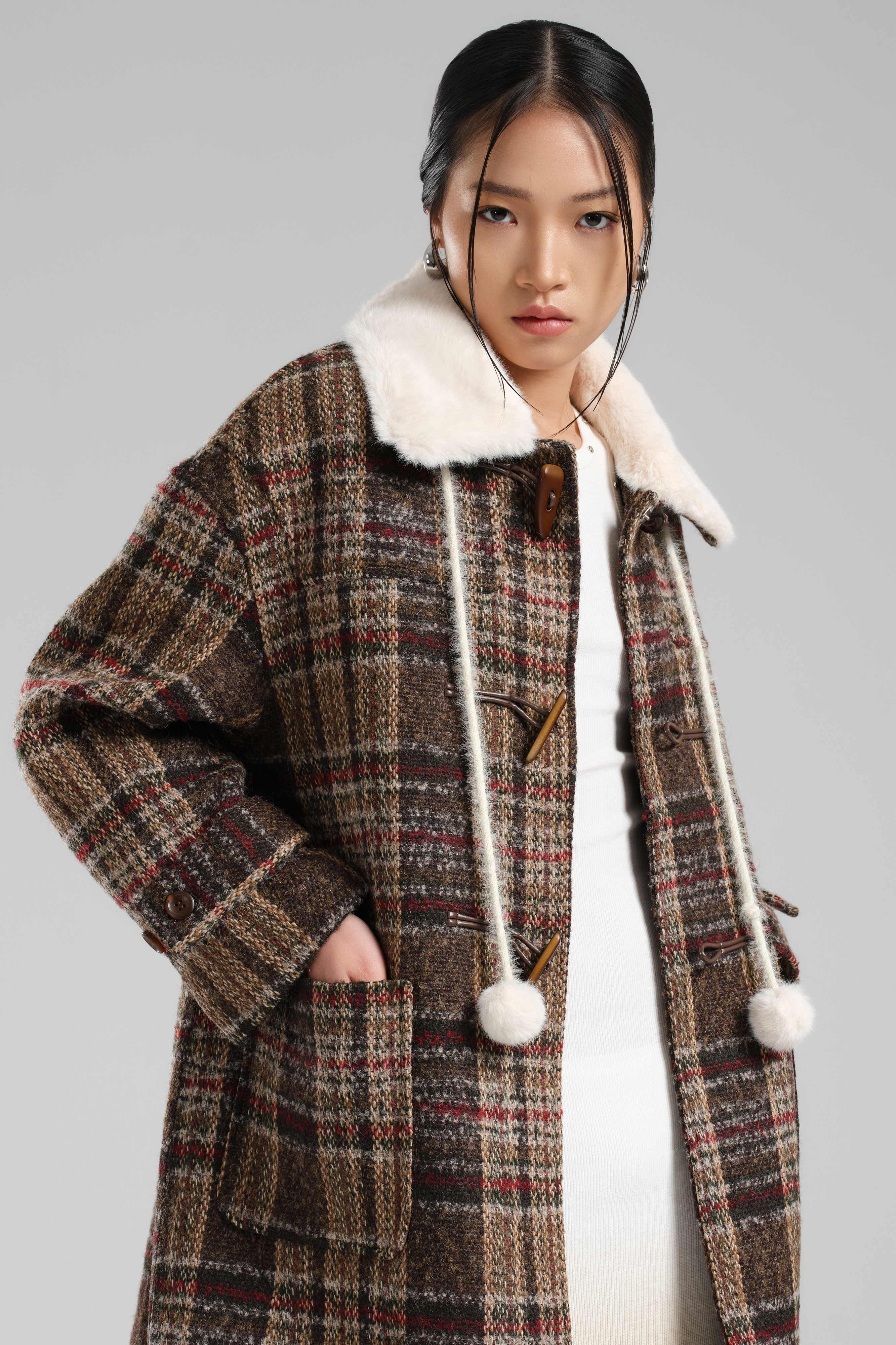 Women's Coffee Color Patterned Plush Collar Lined Long Coat