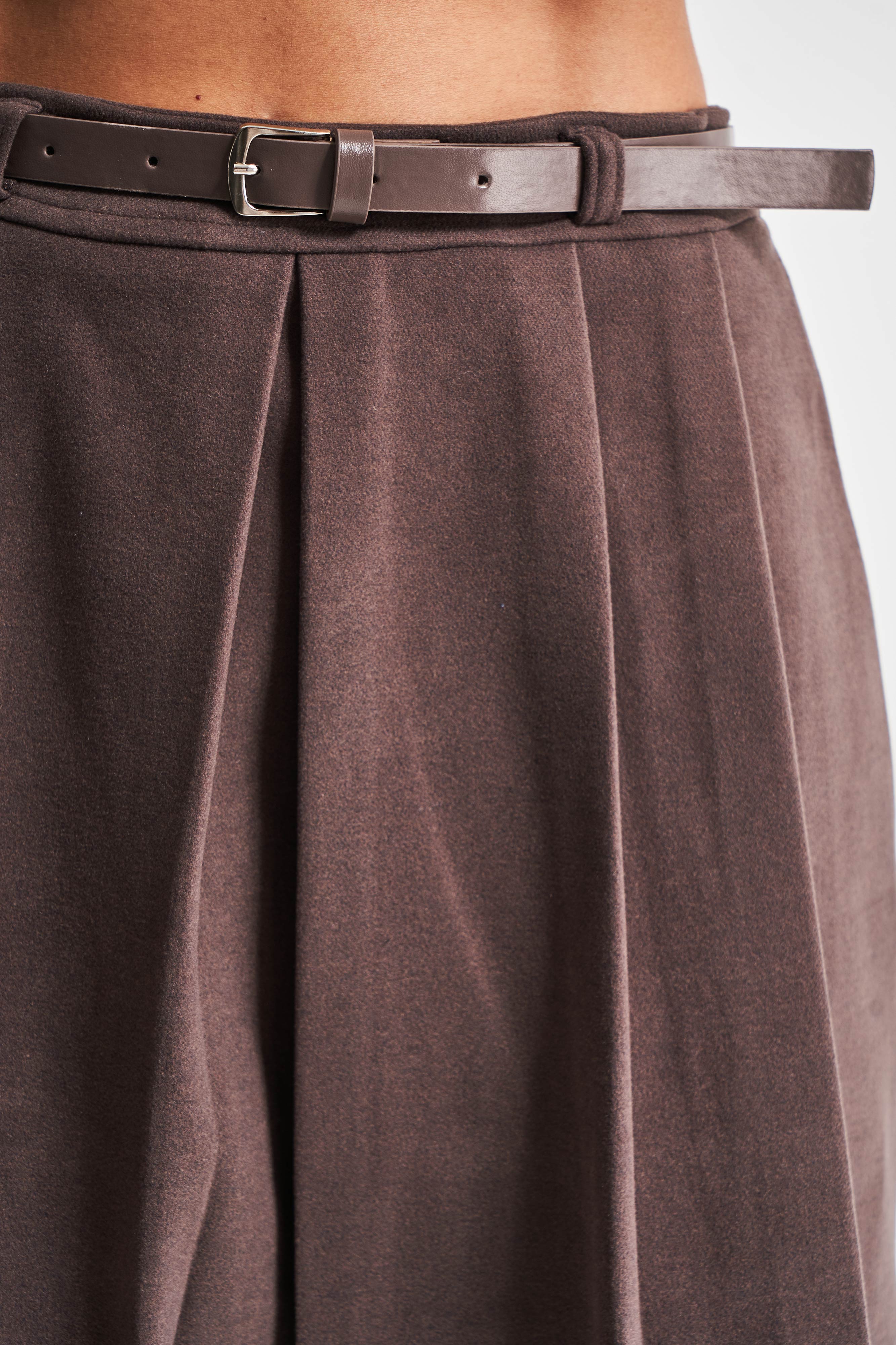 Women's Coffee Color Cashmere Fabric Belted Pleated Mini Skirt