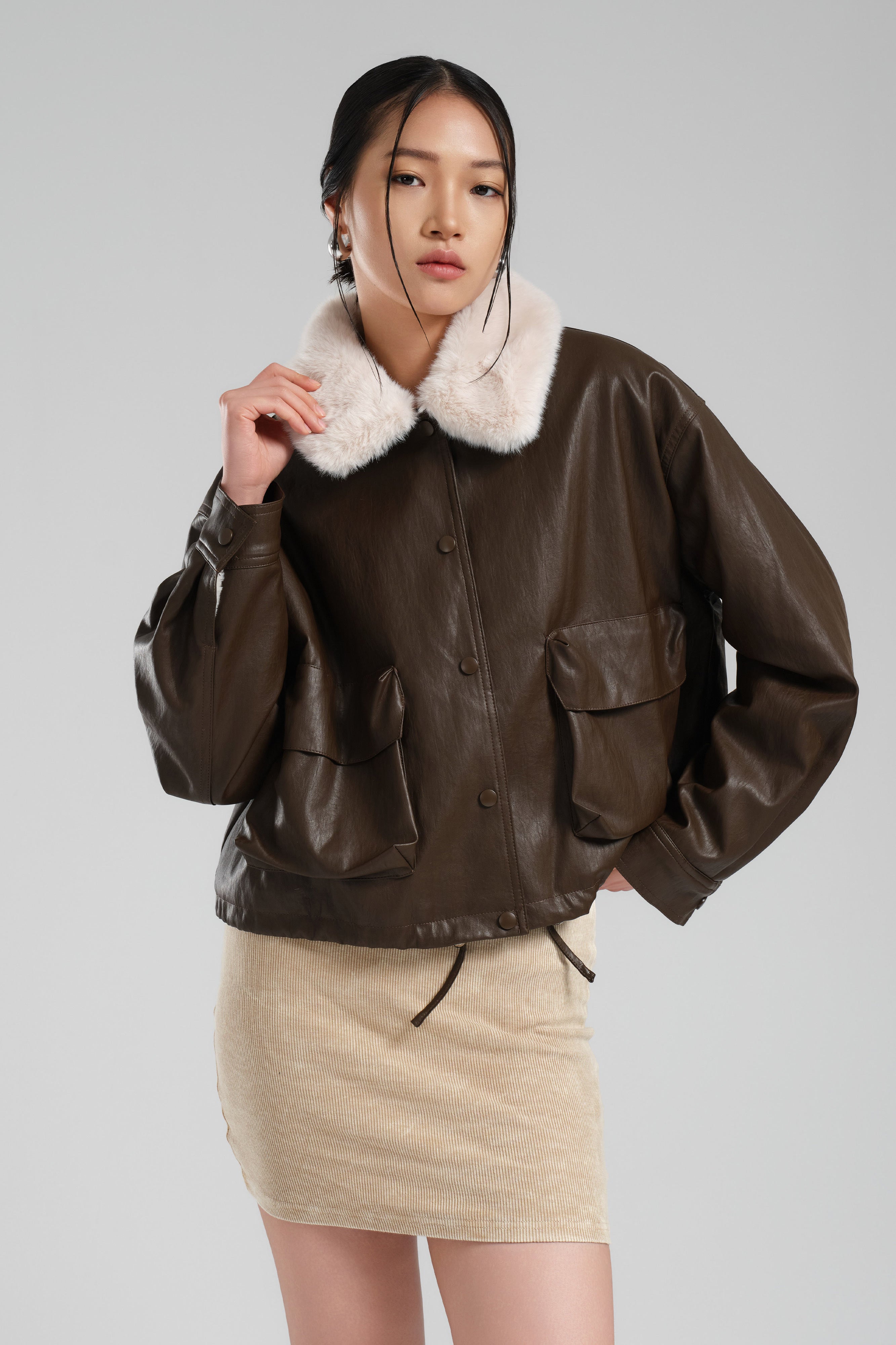 Women's Coffee Color Oversize Plush Collar Faux Leather Jacket Coat