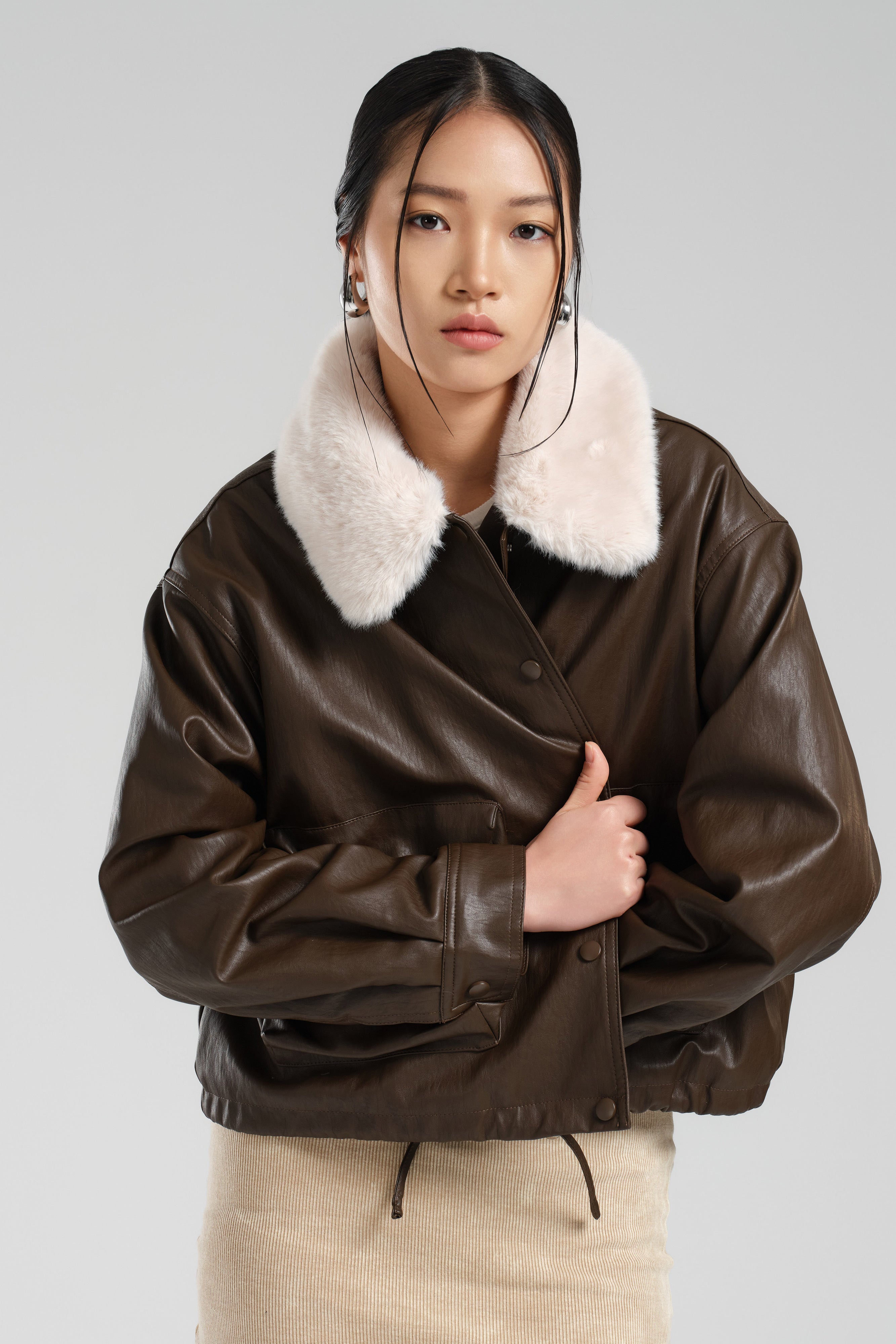 Women's Coffee Color Oversize Plush Collar Faux Leather Jacket Coat