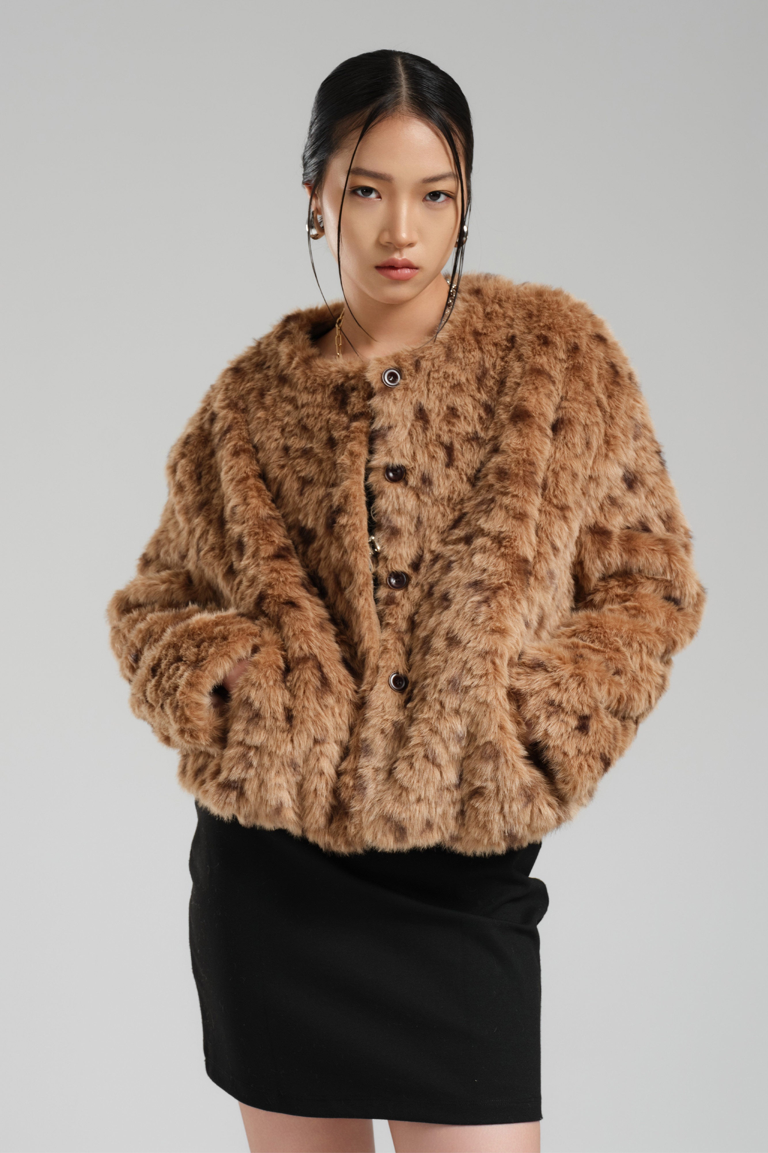 Women's Brown Faux Fur Button Front Lined Jacket Coat