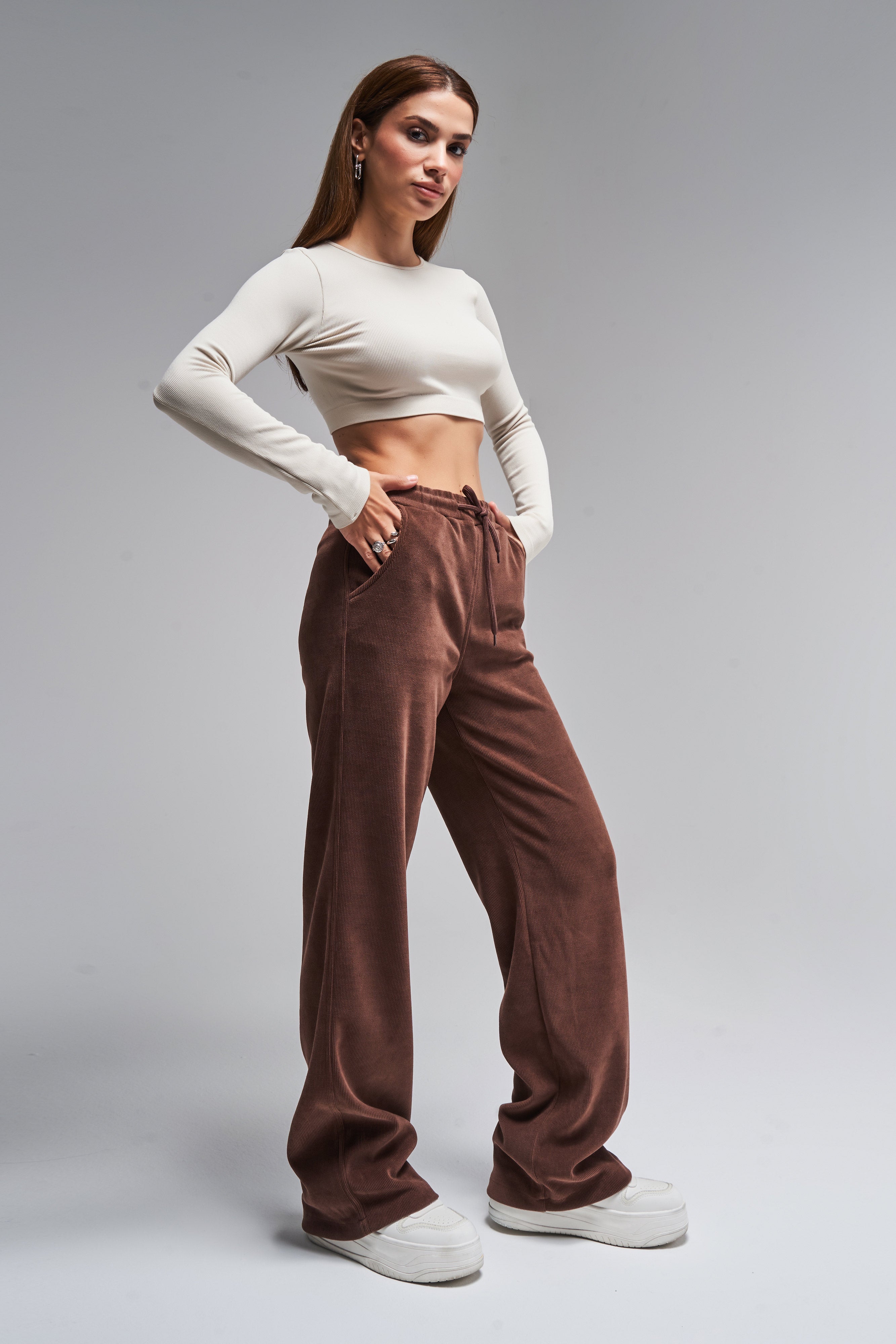 Women's Brown Color 1w416 Thin Ribbed Knitted Flexible Velvet Fabric Trousers