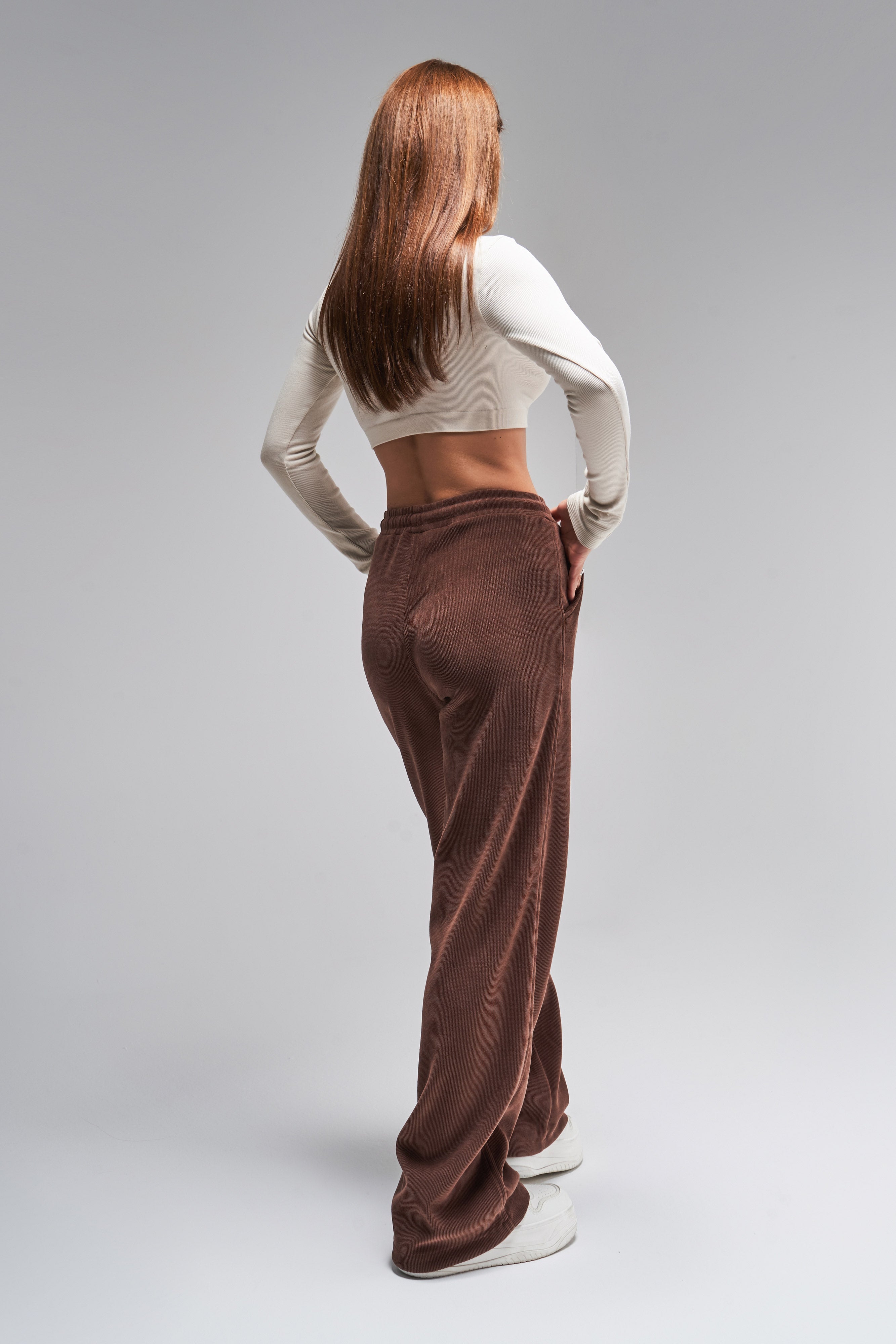 Women's Brown Color 1w416 Thin Ribbed Knitted Flexible Velvet Fabric Trousers