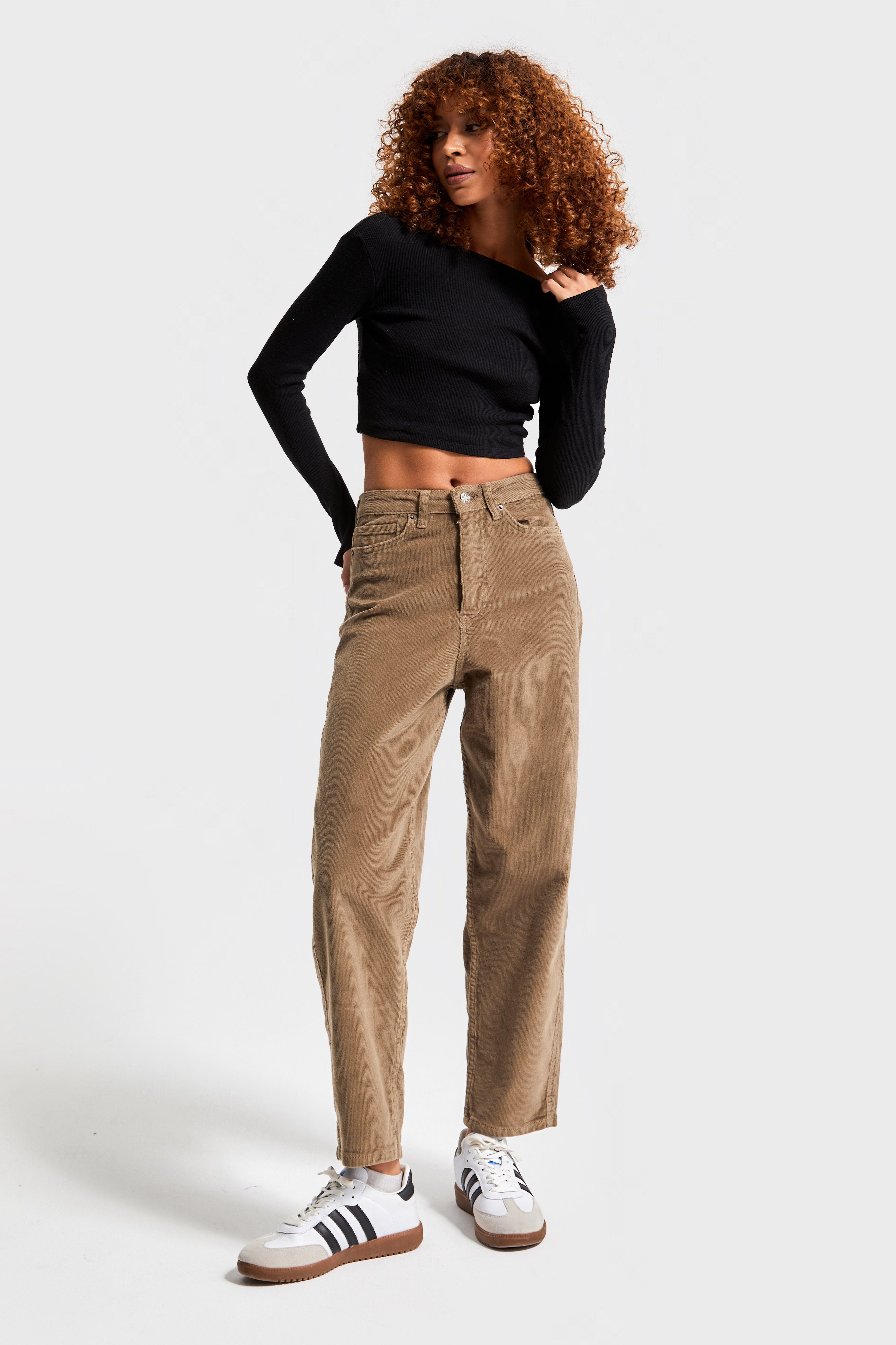 Women's Brown Color 26w457 Thin Corduroy Fabric Mom Fit Trousers