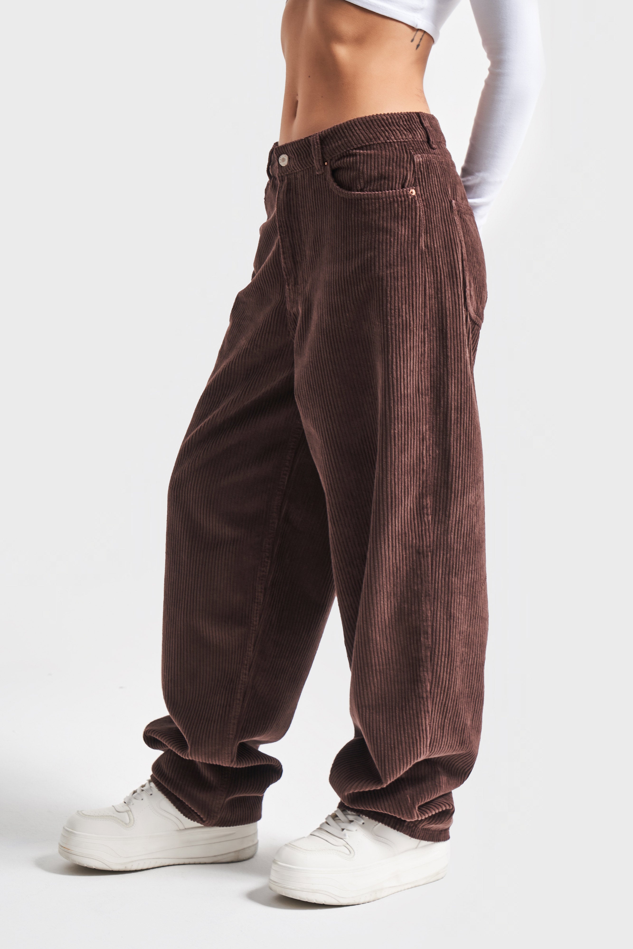 Women's Brown Color 29w416 Thick Ribbed Skater Fit Velvet Trousers