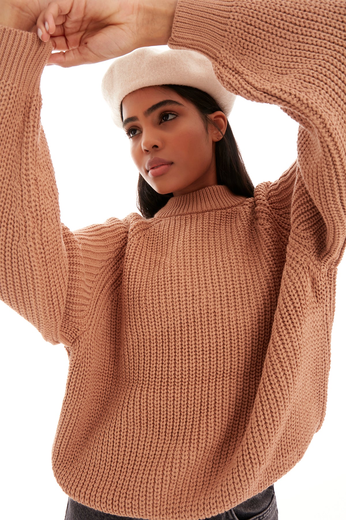 Women's Brown Color Oversize Fit Thick Knitted Knitwear Sweater