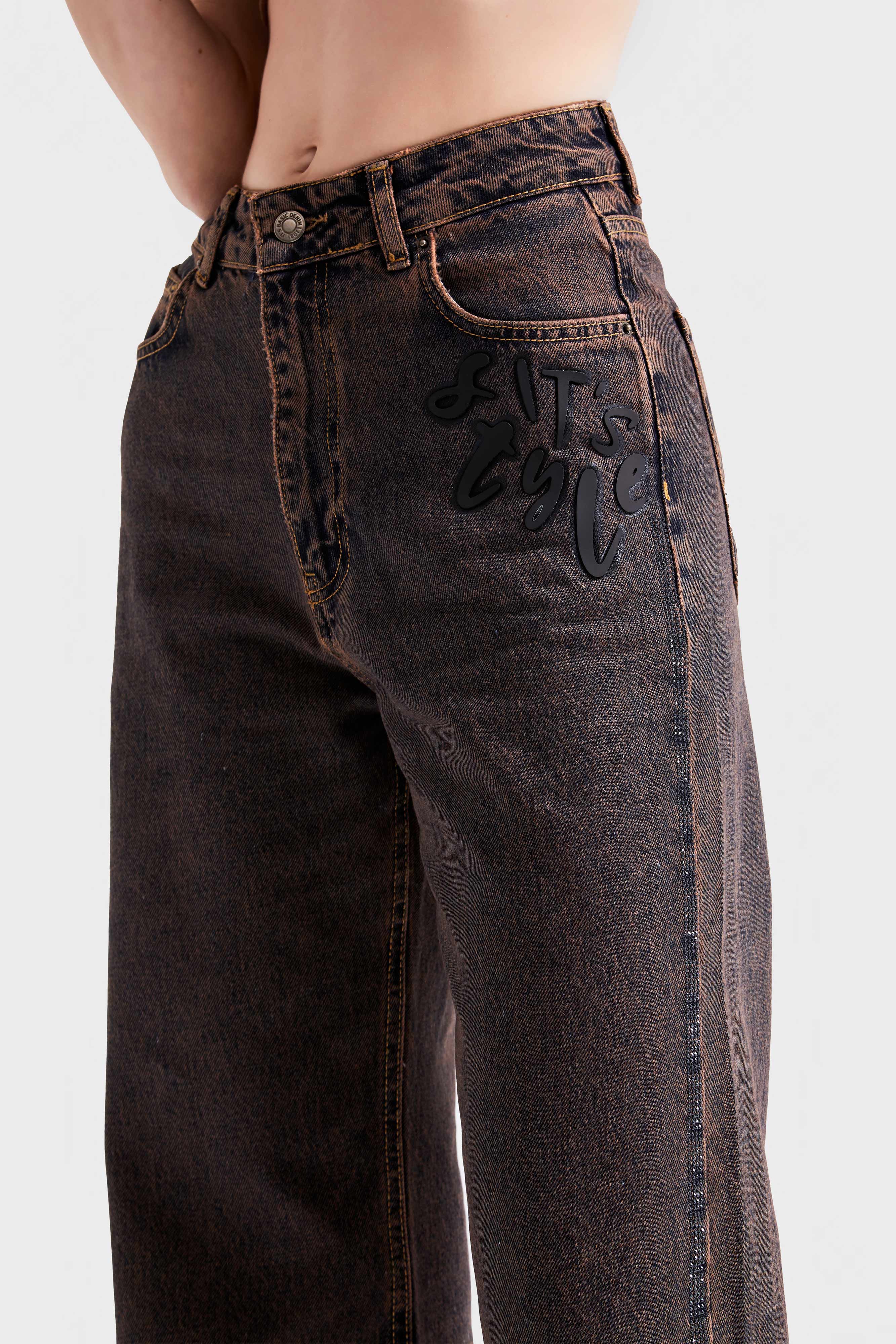 Women's Brown Color T3W4-60 Printed Shiny Stone Straigt Design Denim