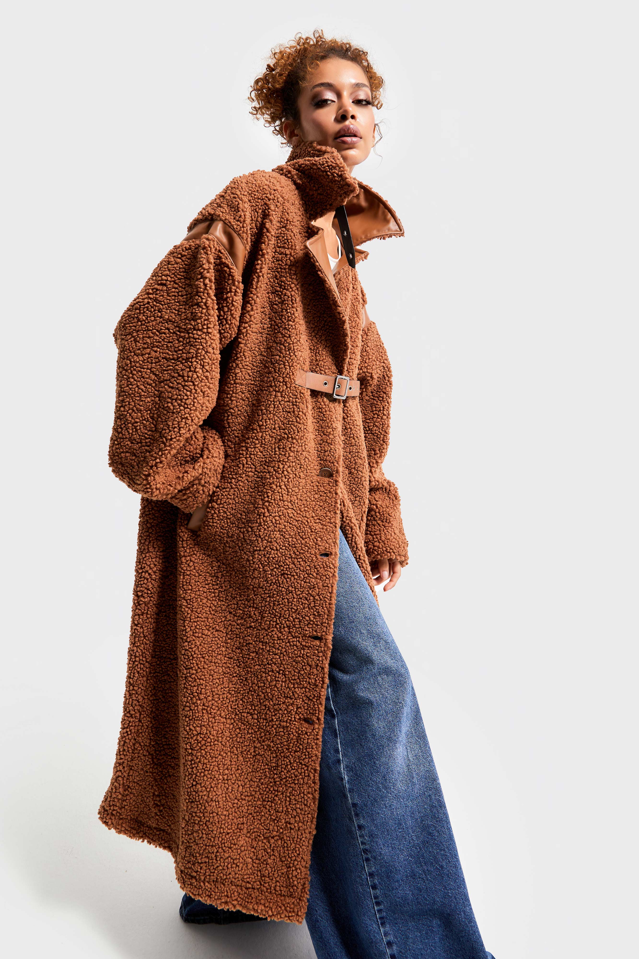 Women's Coffee Color Teddy Fabric Oversize Loose Cut Design Coat