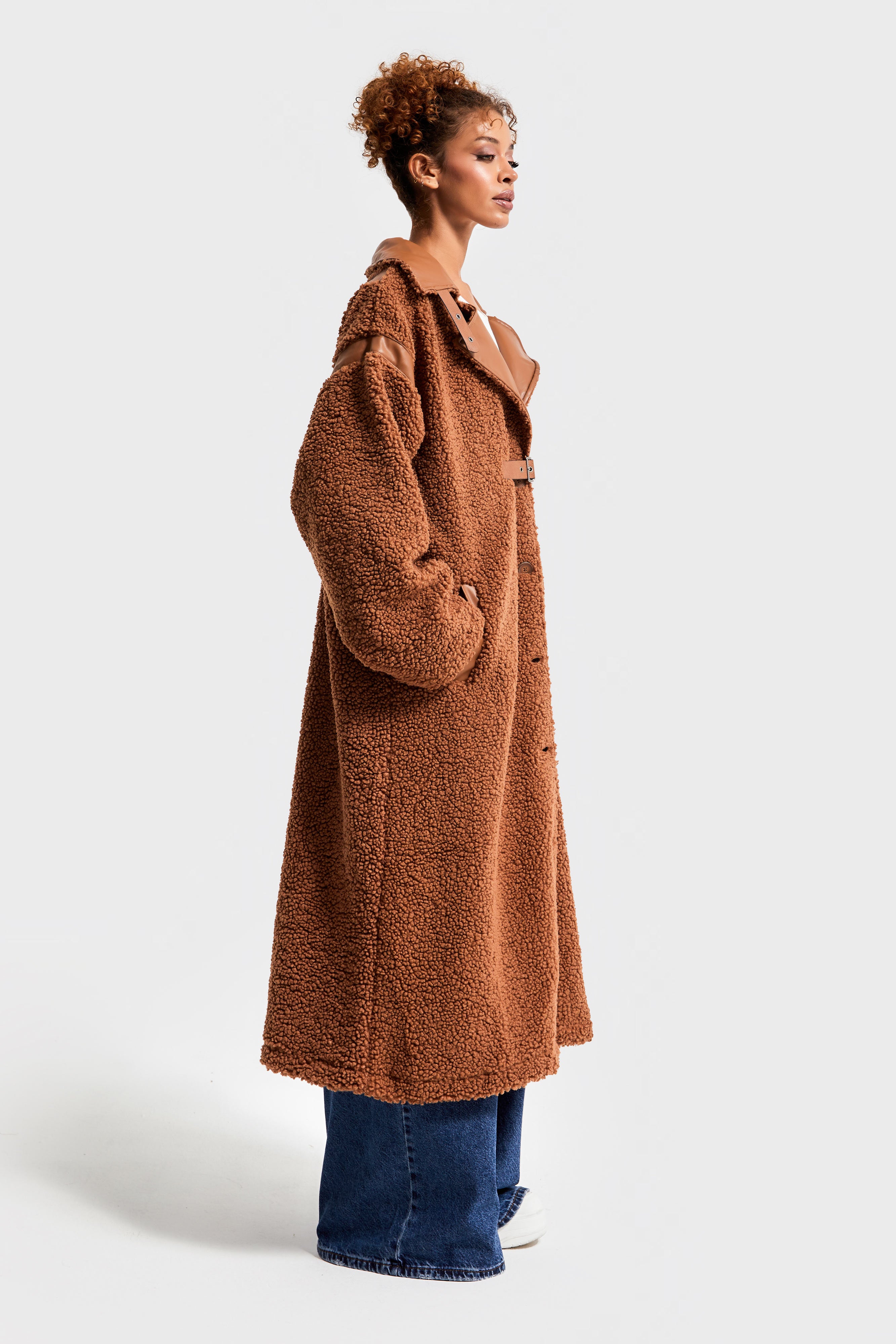 Women's Coffee Color Teddy Fabric Oversize Loose Cut Design Coat