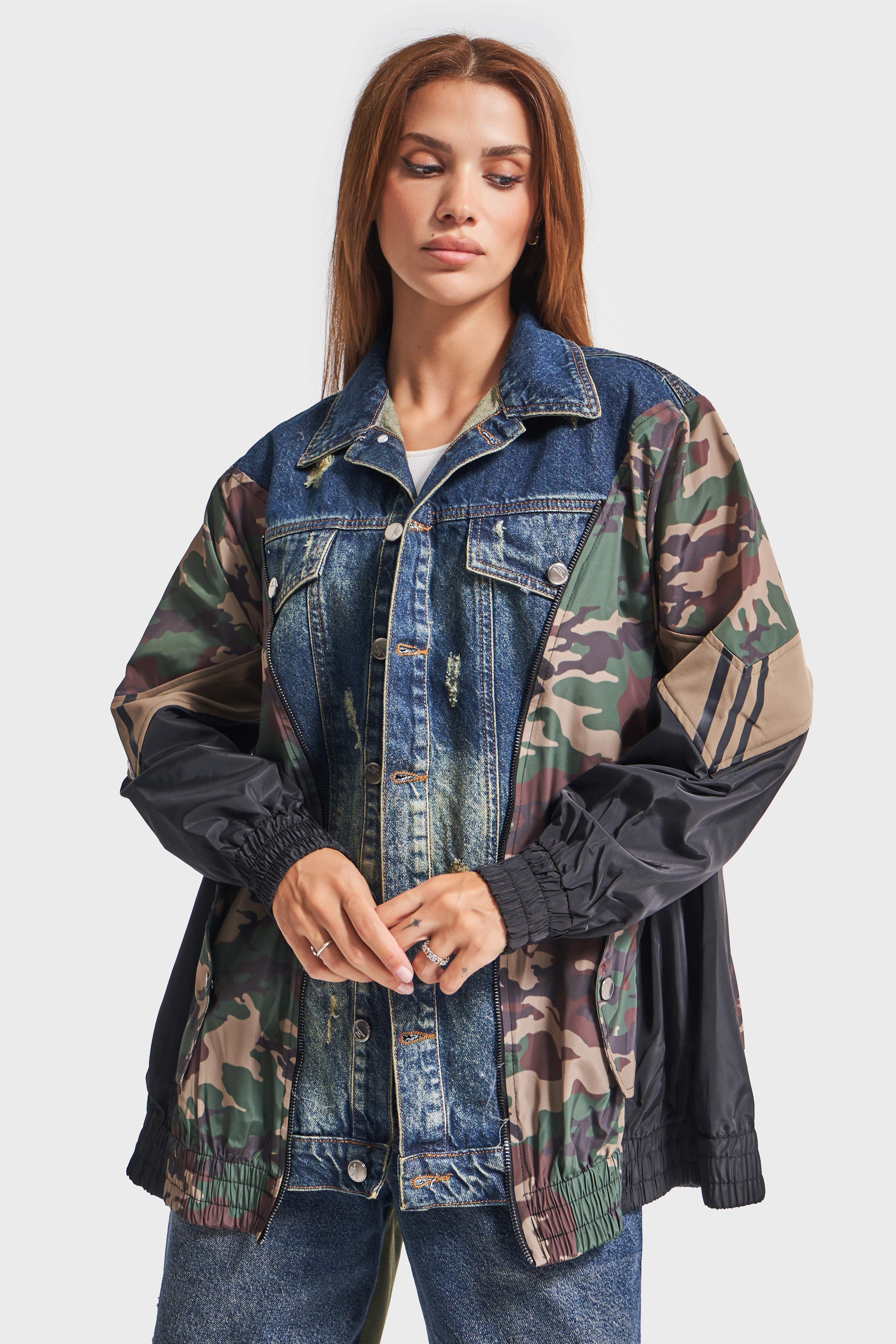 Women's Camouflage Color Denim Patchwork Design Coat