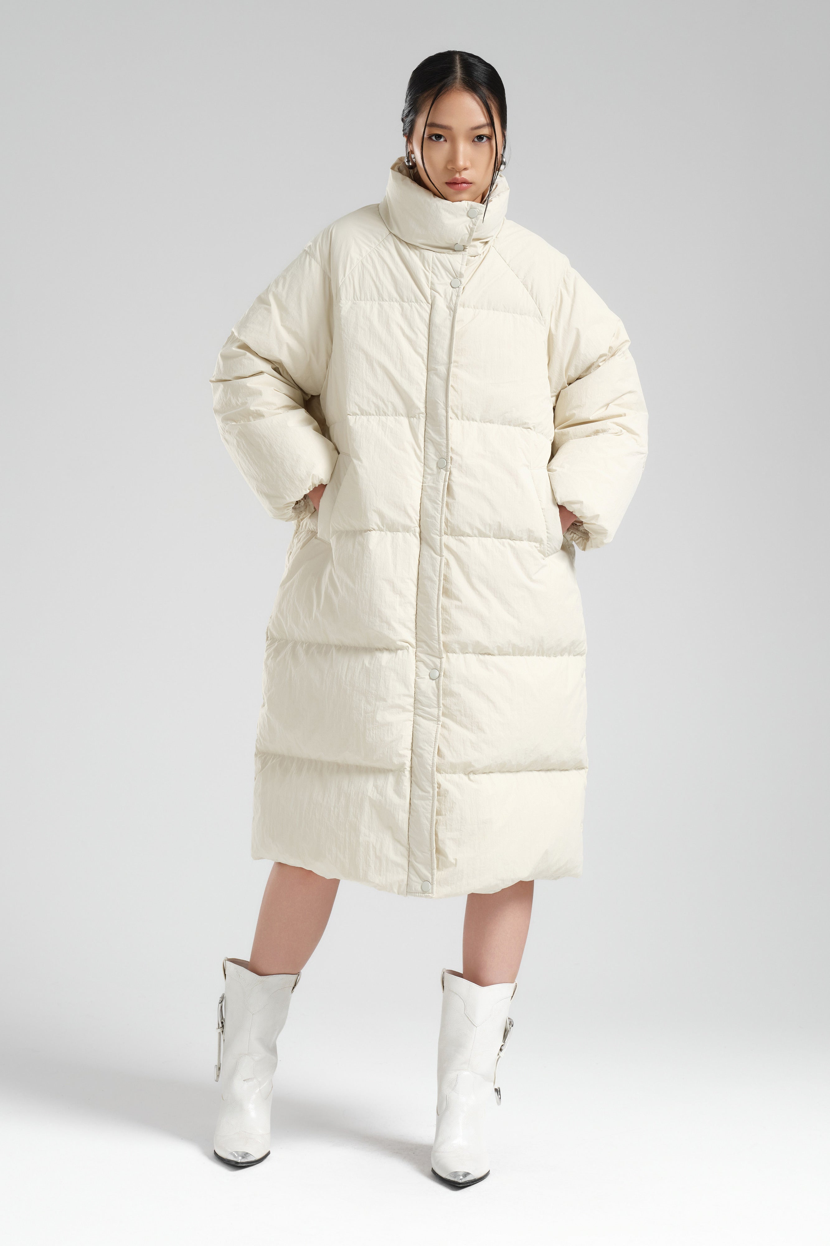 Women's Off White Color Bird Feather Filled Long Puffer Coat