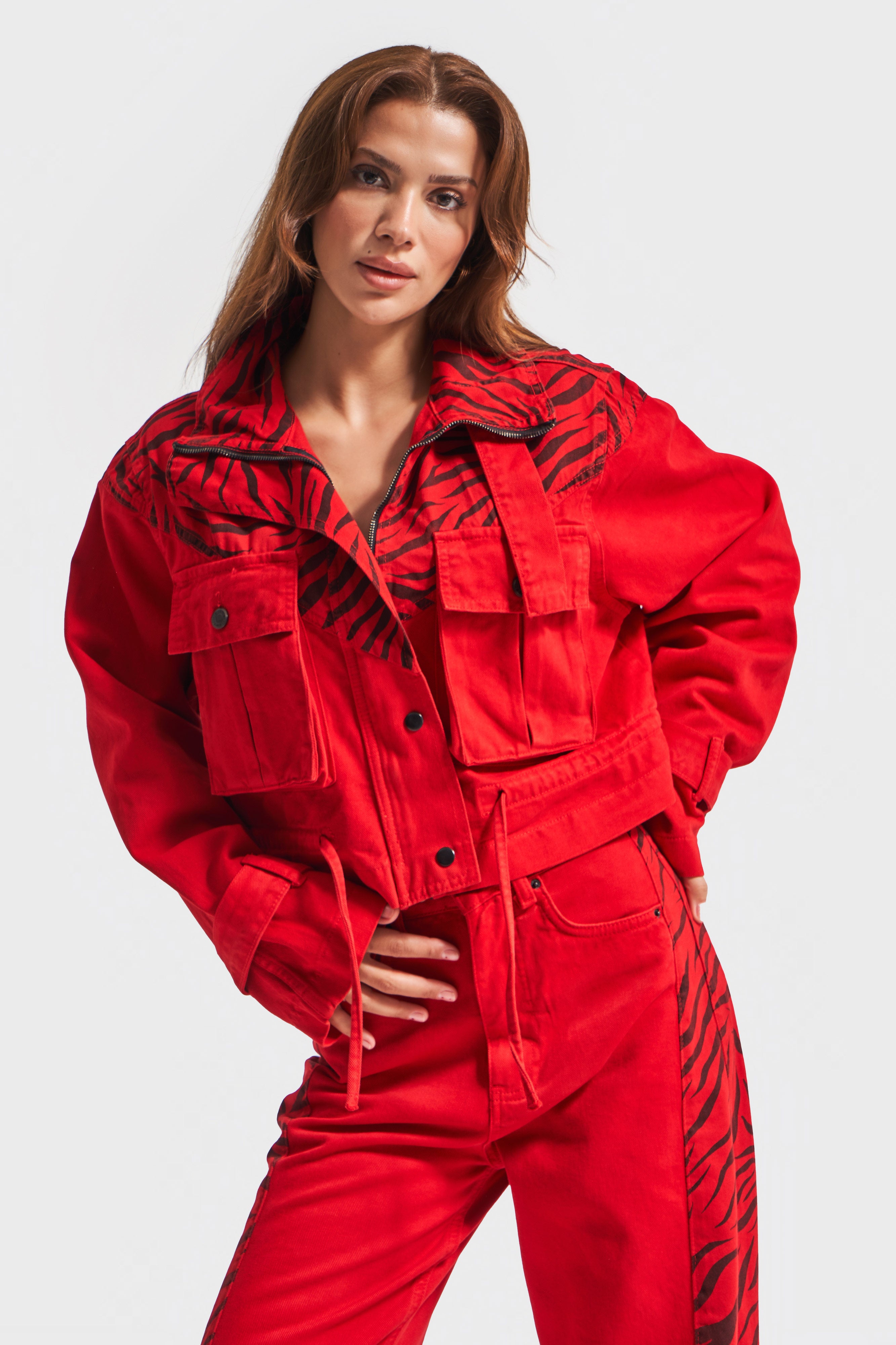 Women's Red Color Special Fabric Oversize Design Jacket