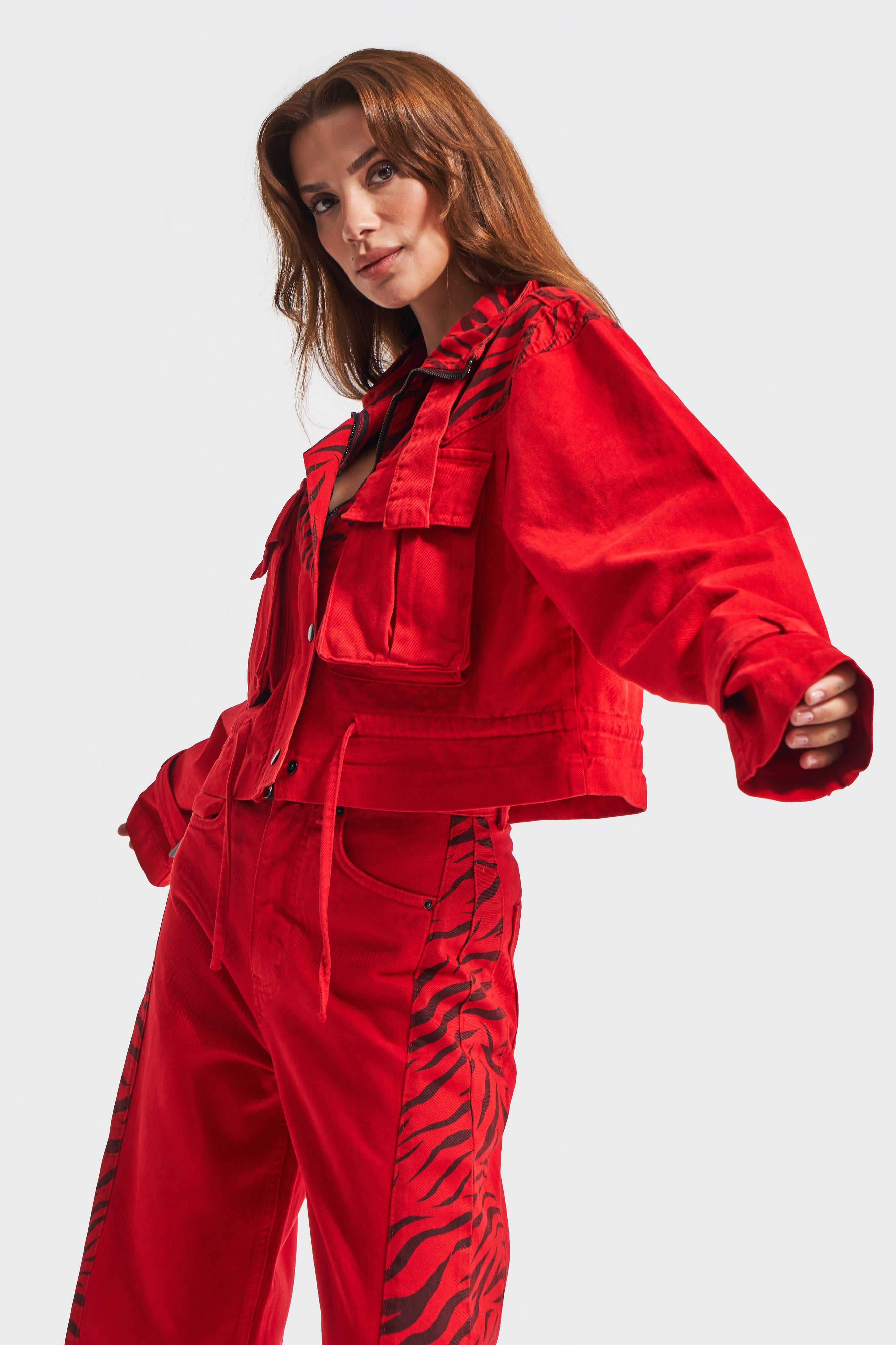 Women's Red Color Special Fabric Oversize Design Jacket