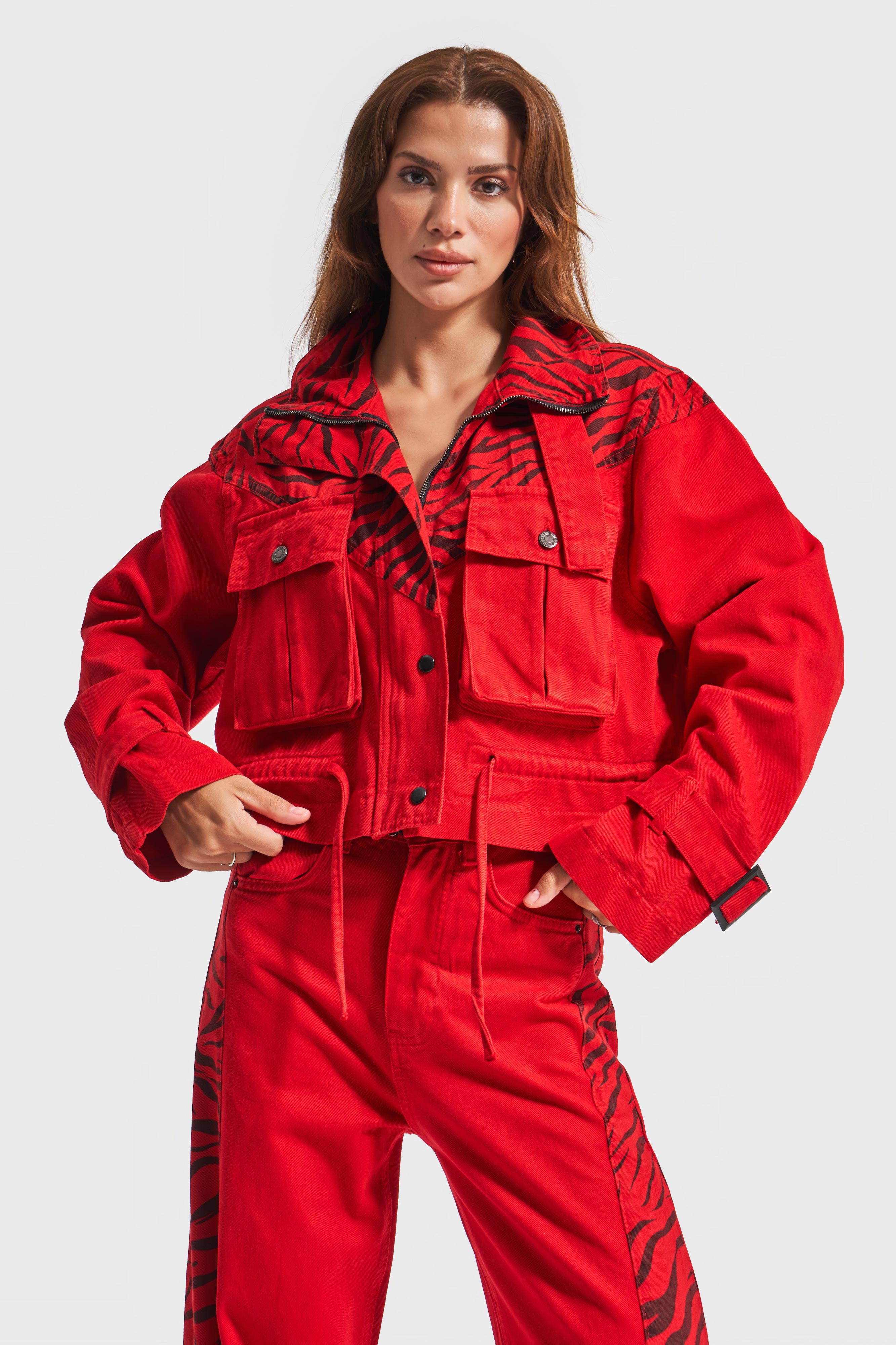 Women's Red Color Special Fabric Oversize Design Jacket