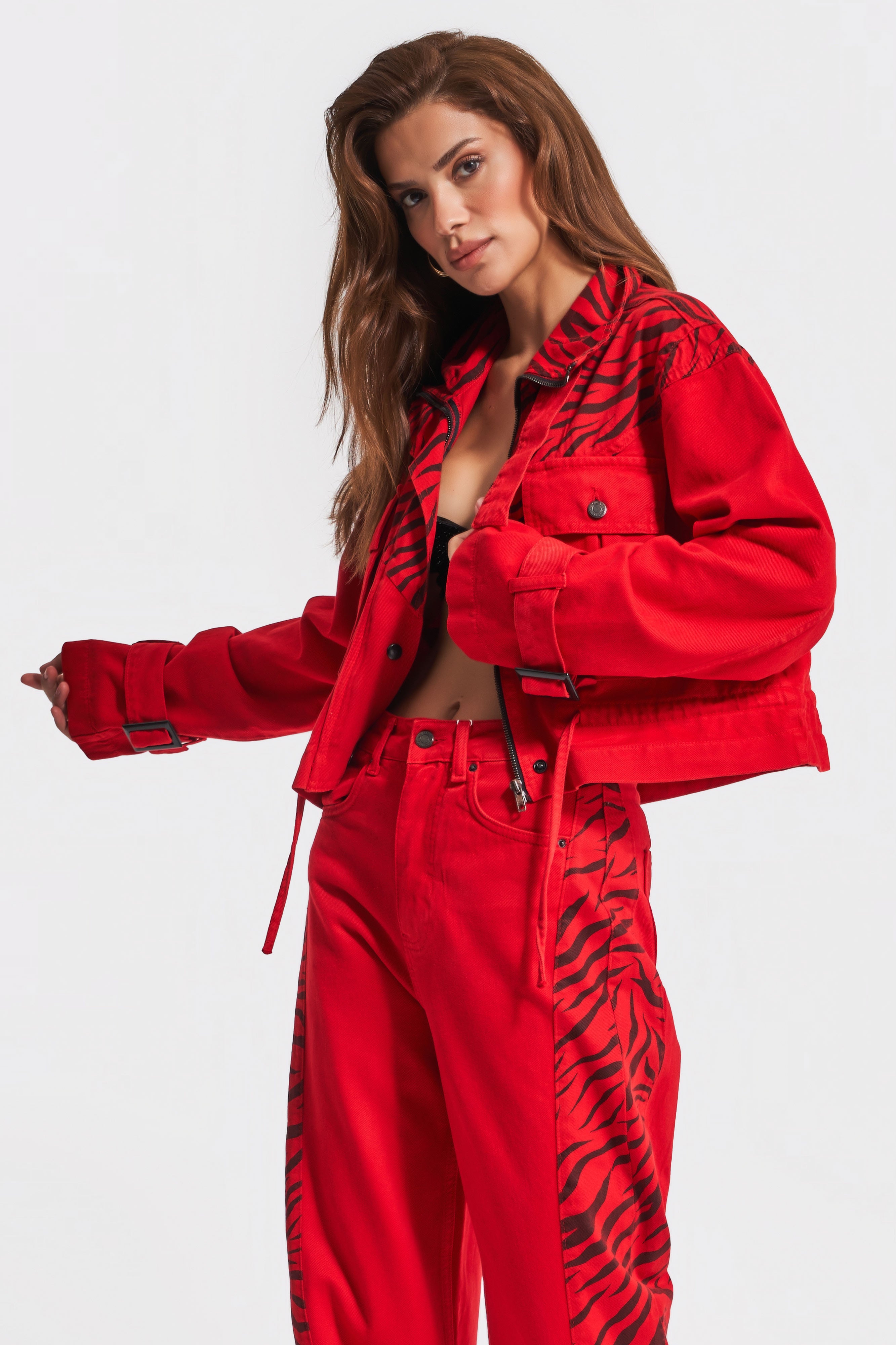 Women's Red Color Special Fabric Oversize Design Jacket