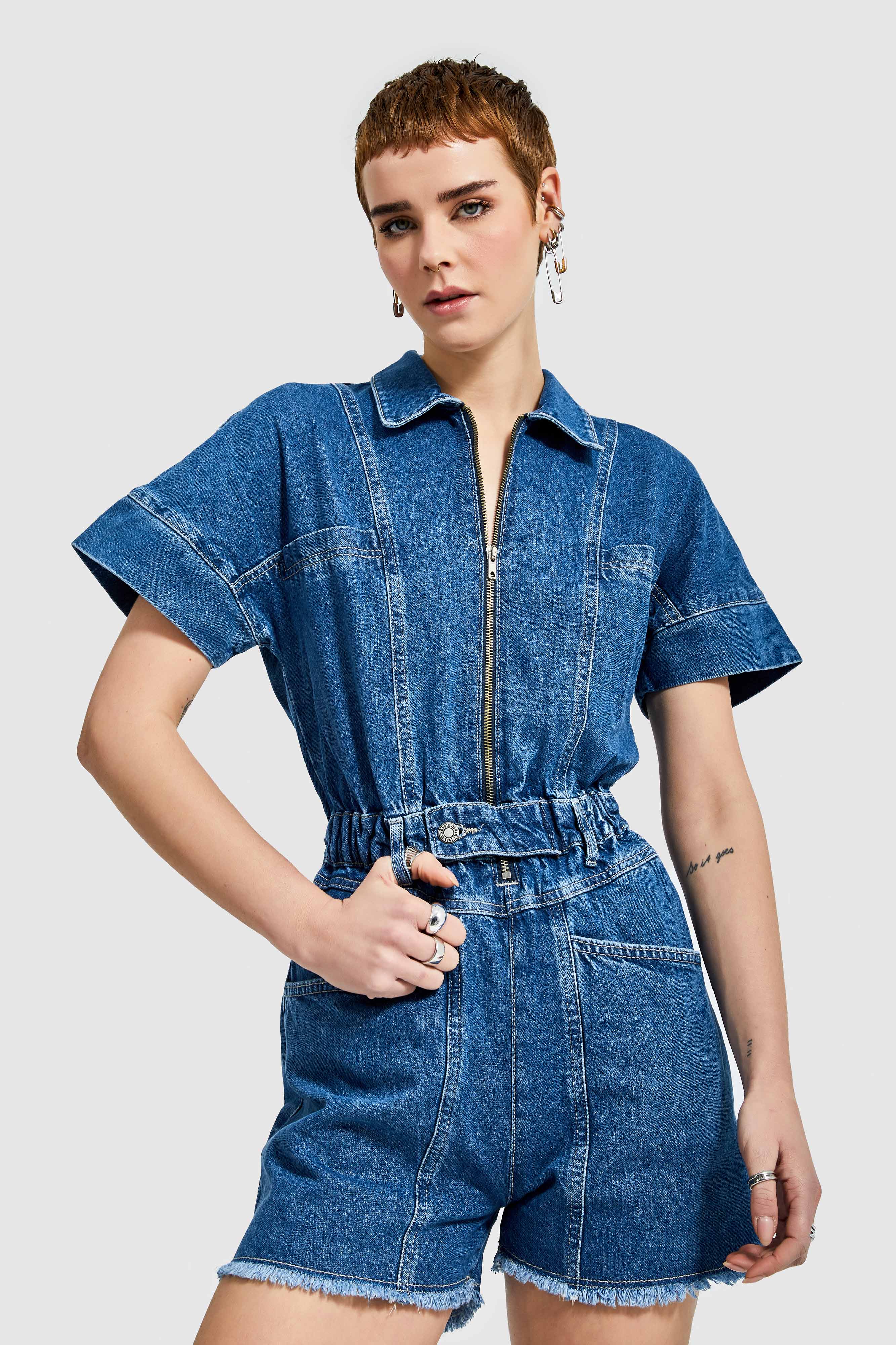 Women's Jeans Blue Color Elastic Waist 100% Cotton Denim Shorts Overalls