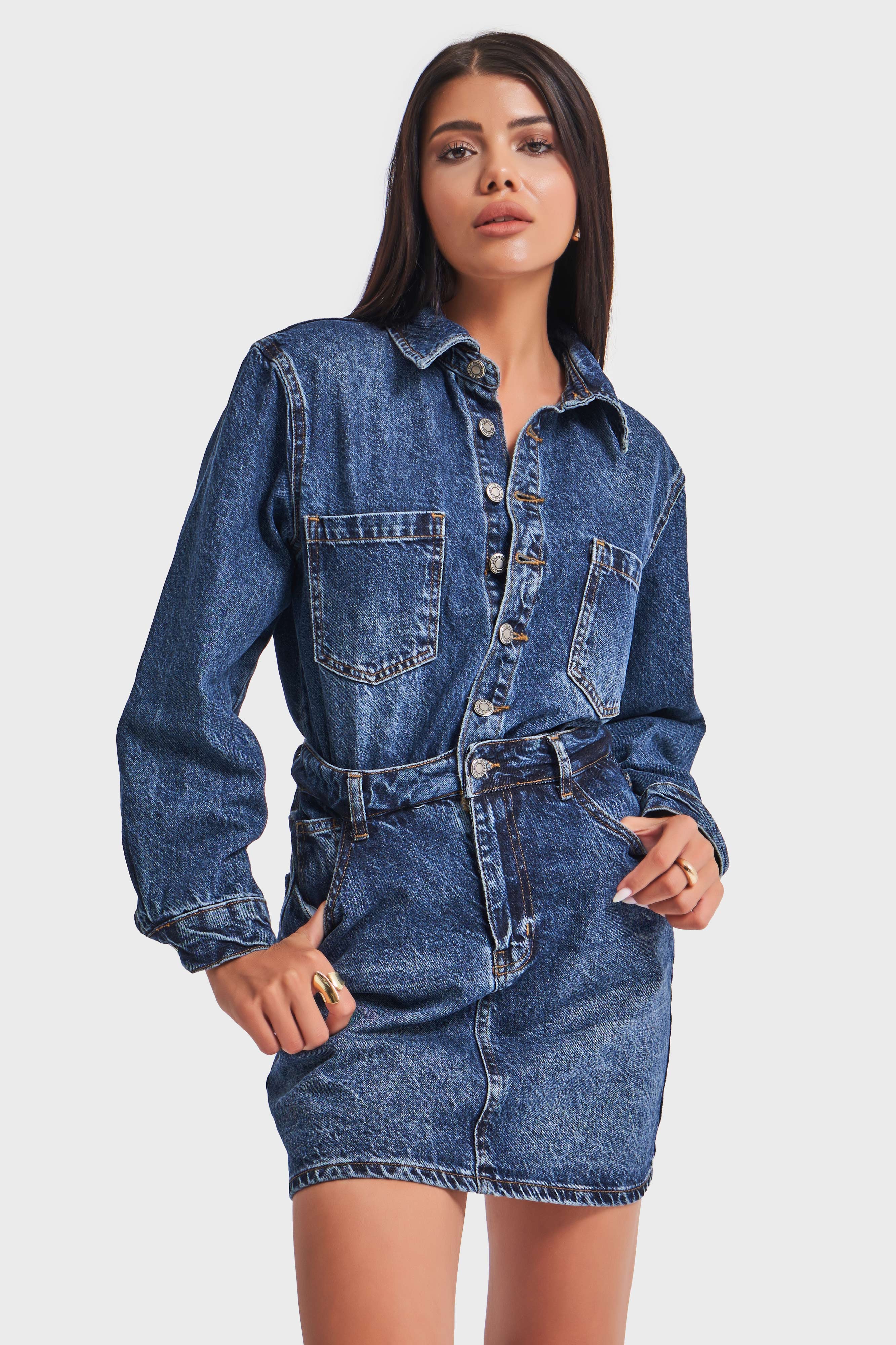 Kadın Kot Rengi %100 Koton Düğmeli Mini Denim Elbise