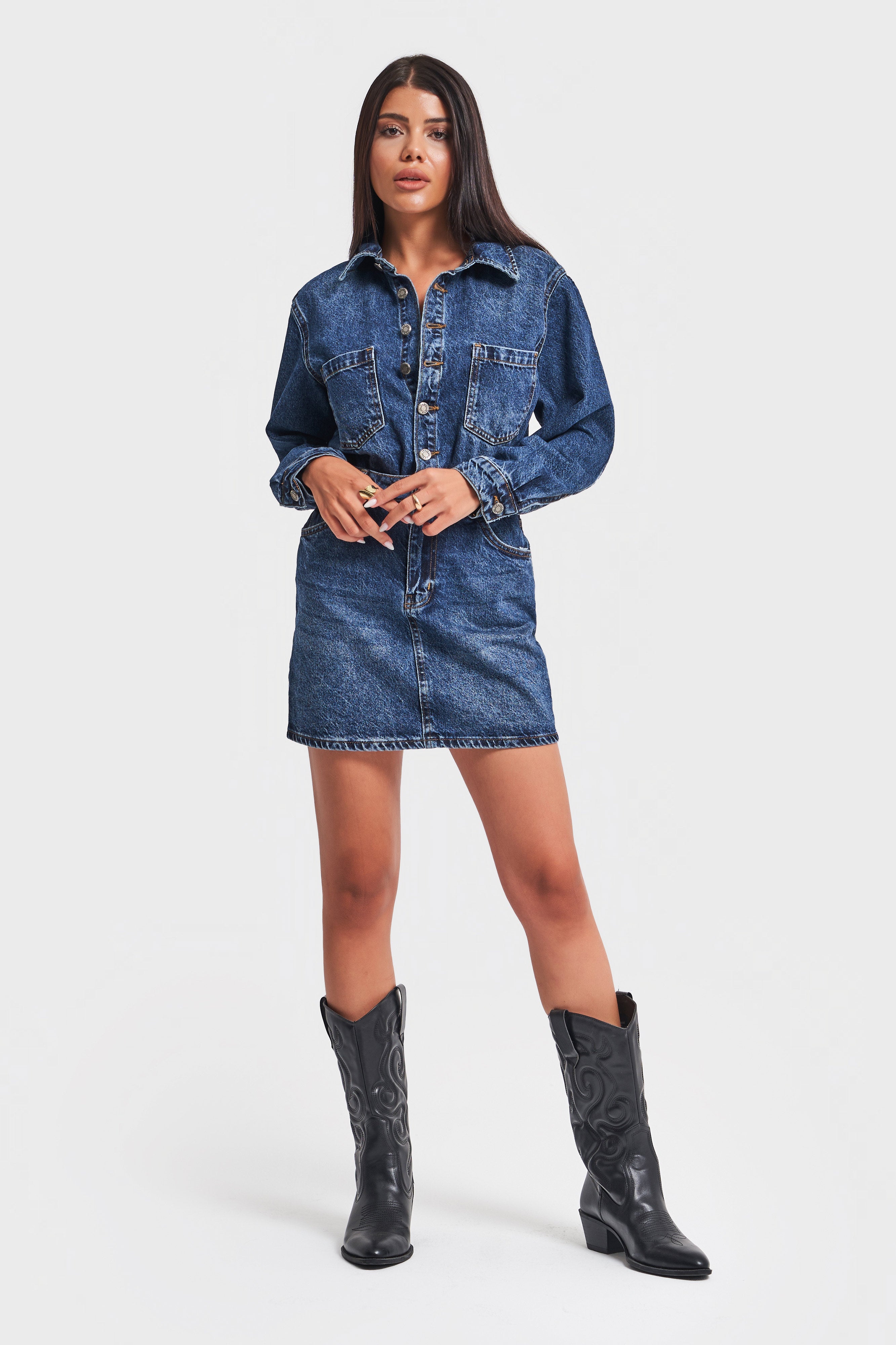 Women's Denim Color 100% Cotton Buttoned Mini Denim Dress