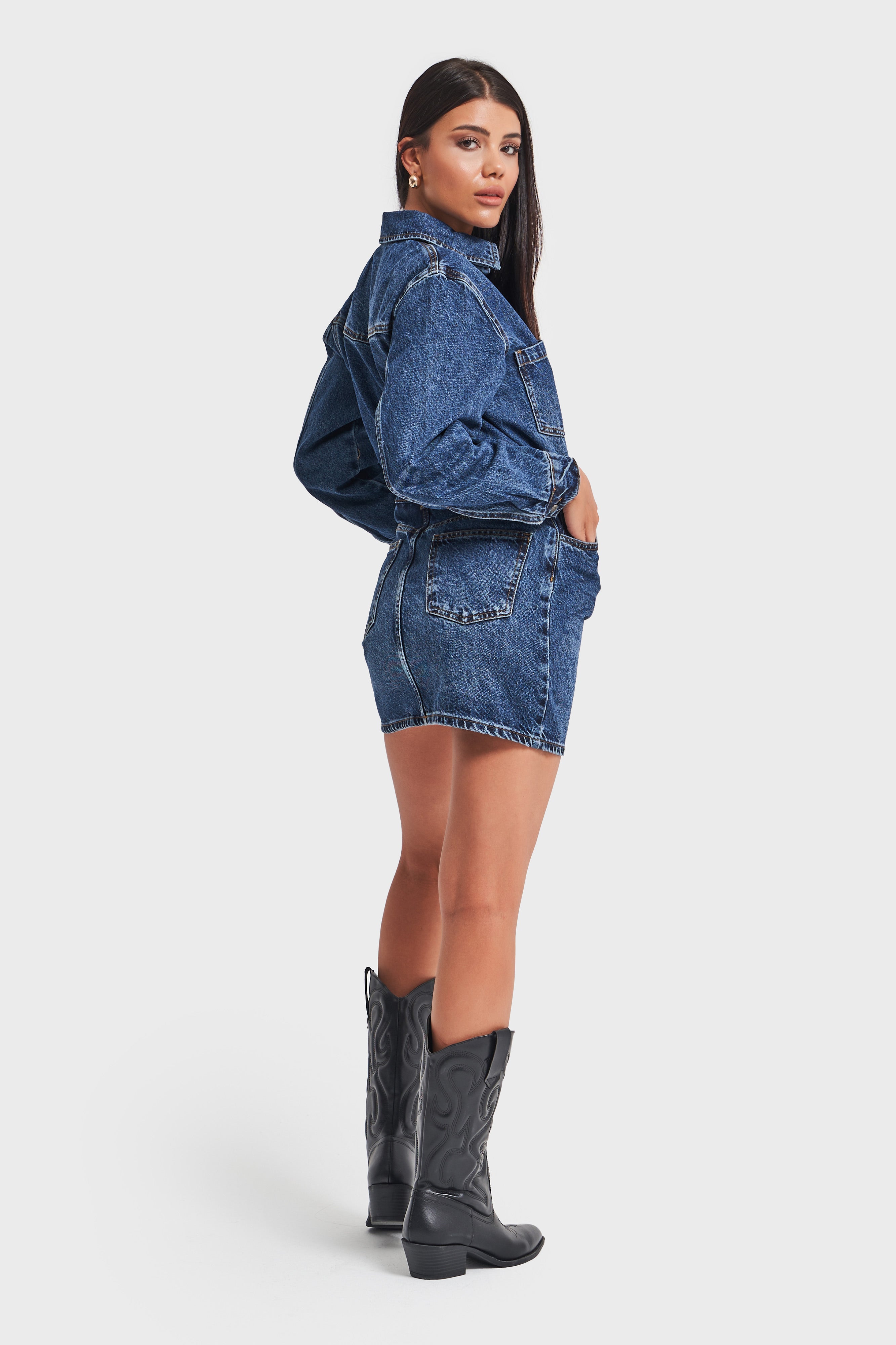 Women's Denim Color 100% Cotton Buttoned Mini Denim Dress