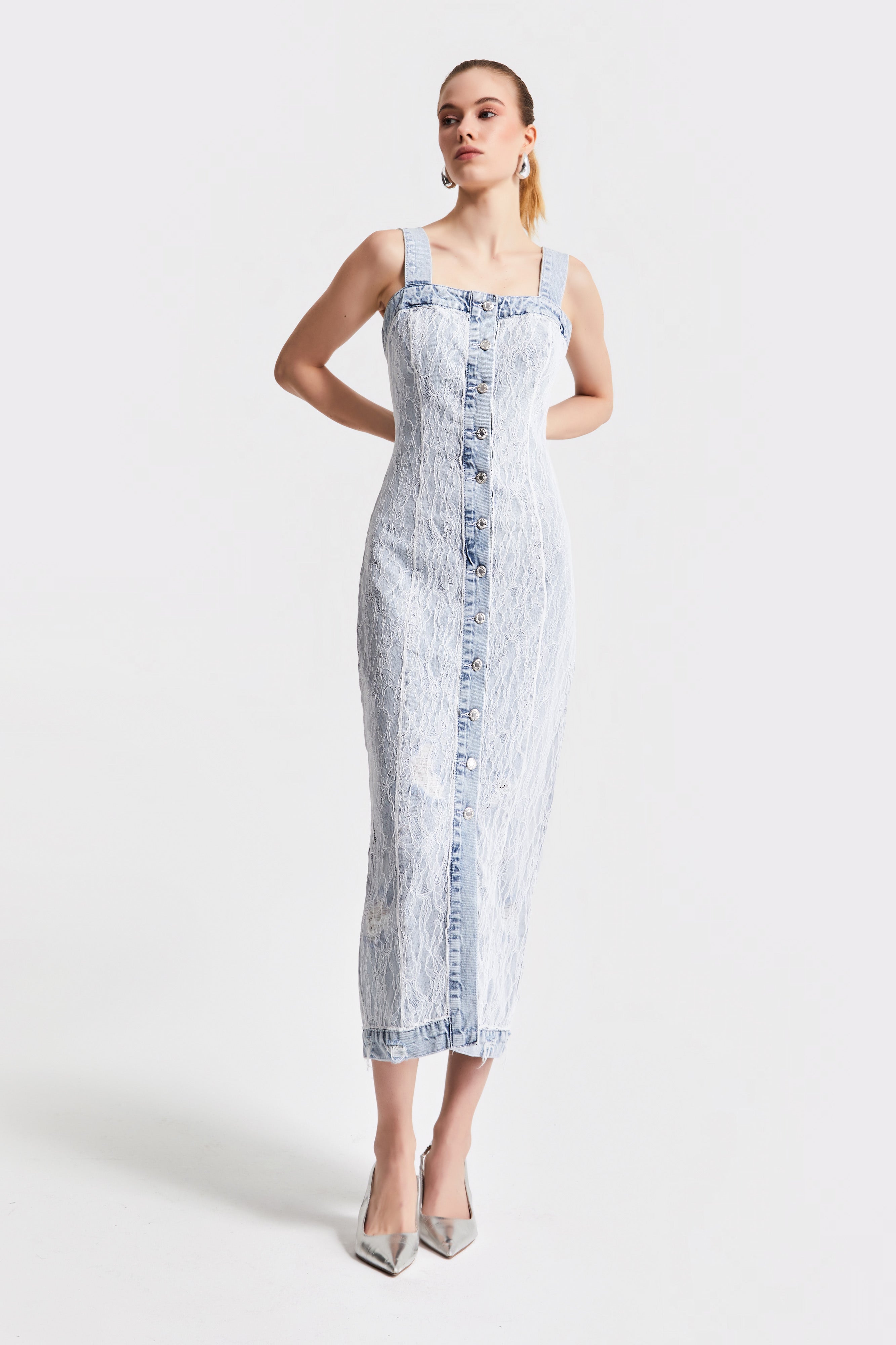 Women's Denim Color 11S5-3 Lace Front Button Design Strappy Maxi Length Denim Dress