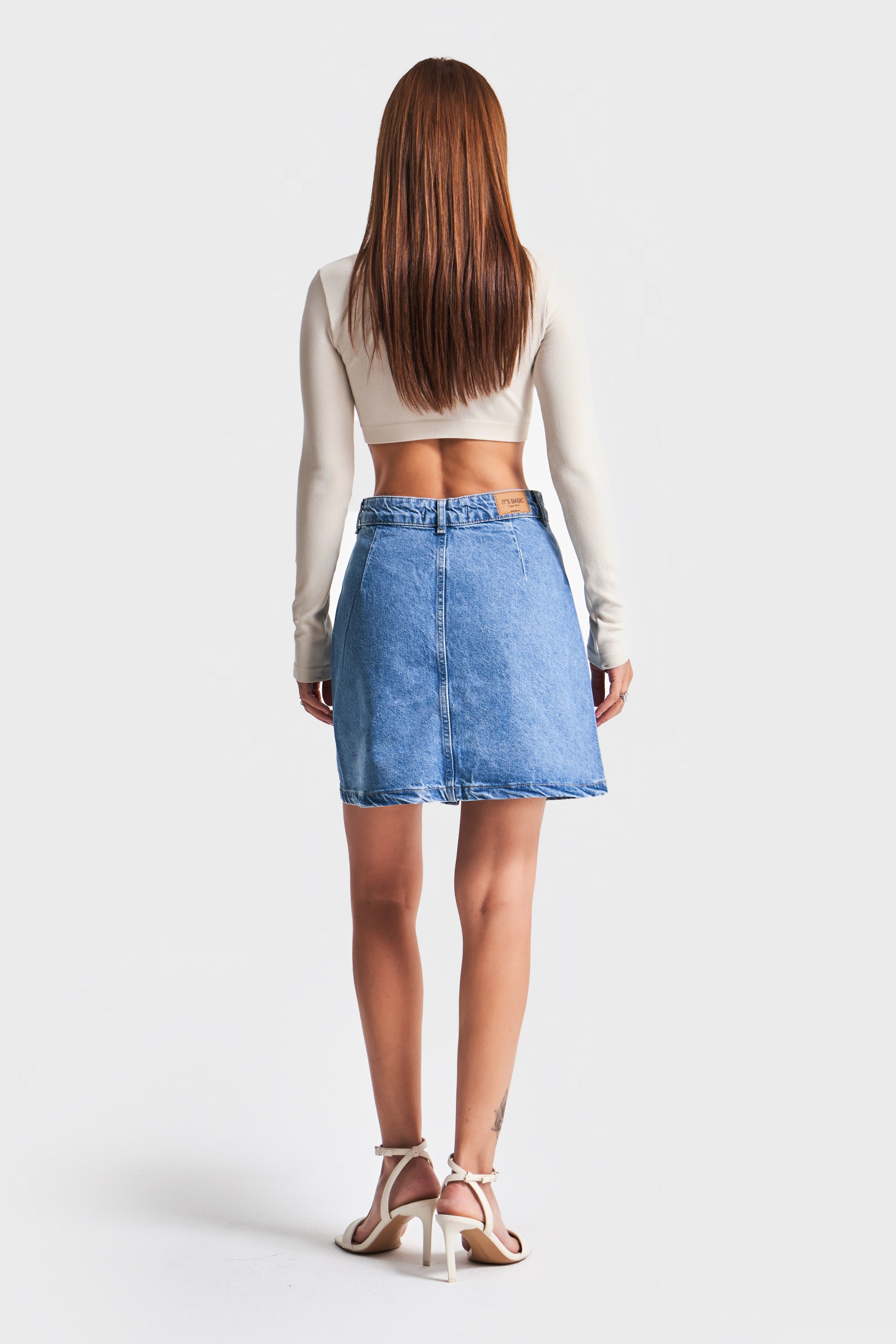 Women's Denim Color 1S54 100% Cotton Denim Skirt with Buttoned Front Pocket