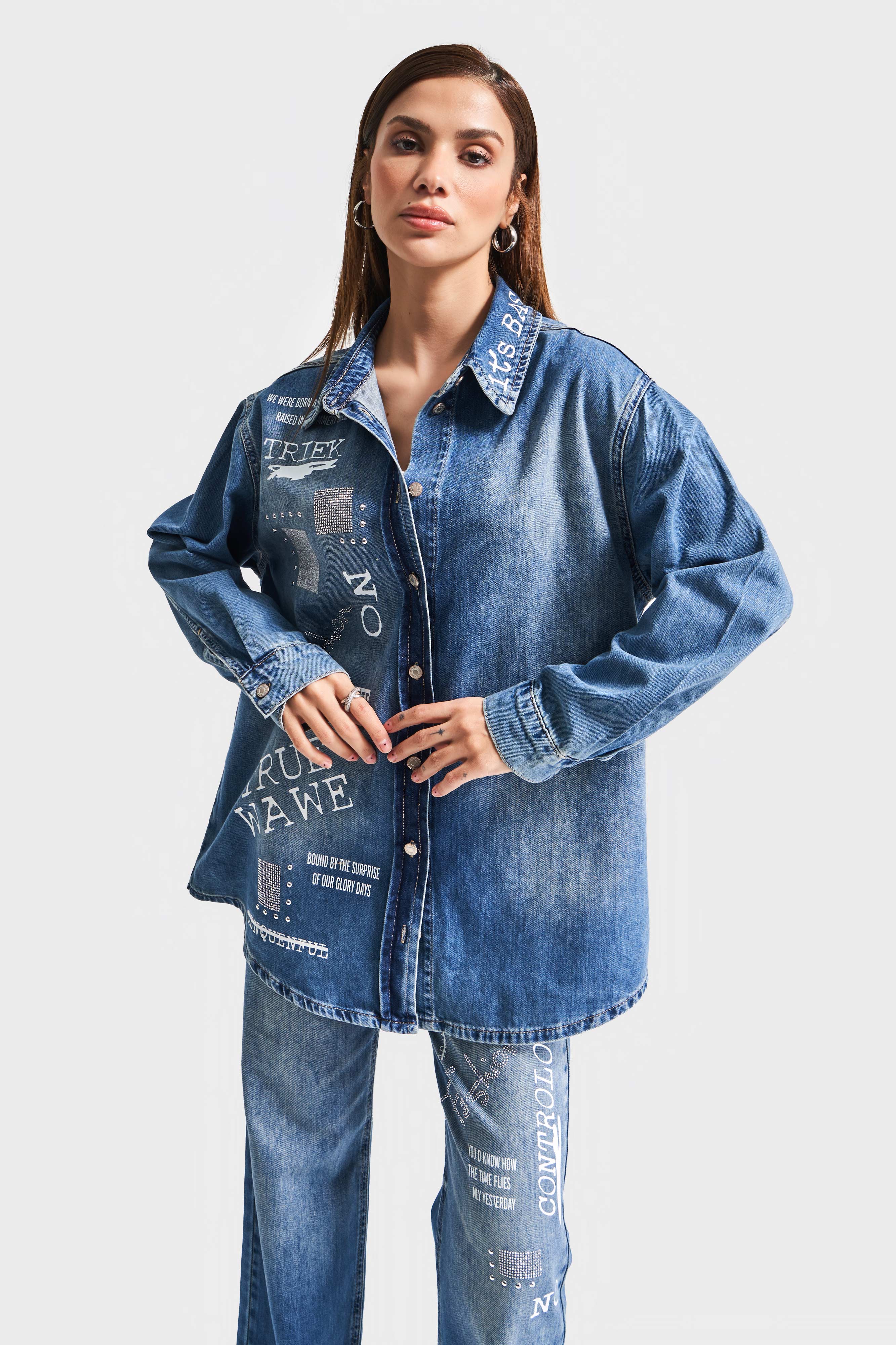 Women's Denim Color 2S5-72 Printed Shiny Stone Oversize 100% Cotton Design Denim Shirt