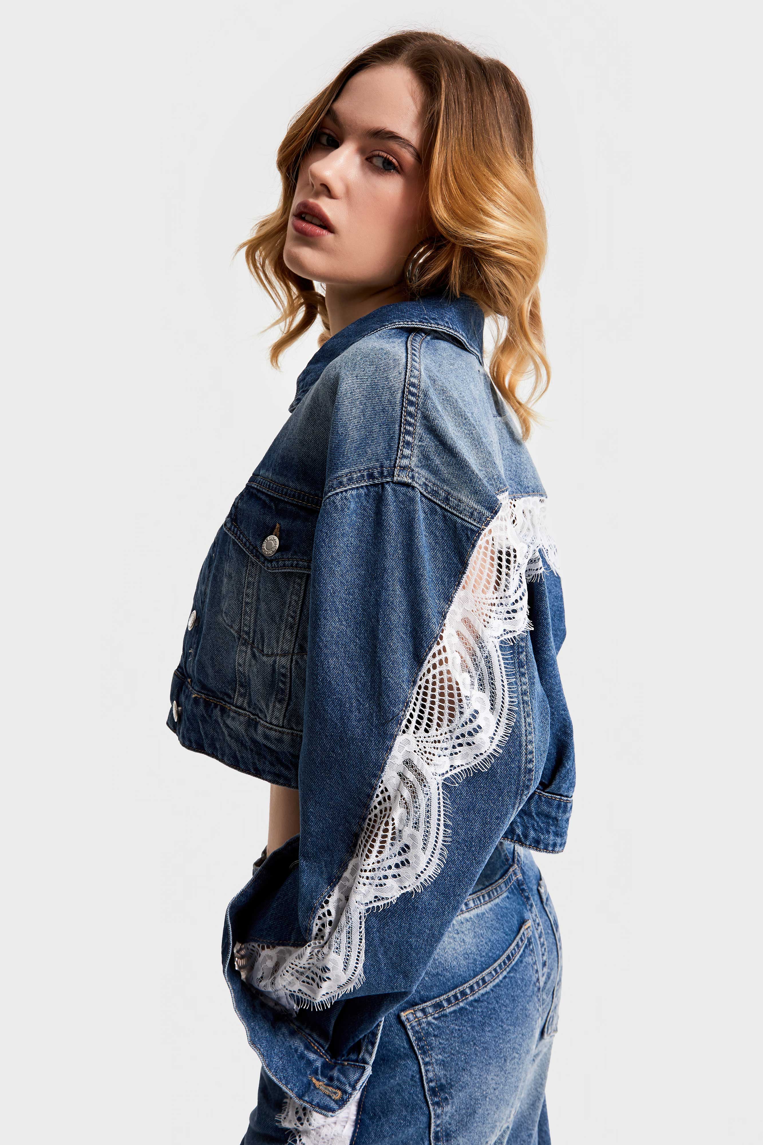 Women's Denim Color 2S532 Lace Sleeve Design Denim Jacket