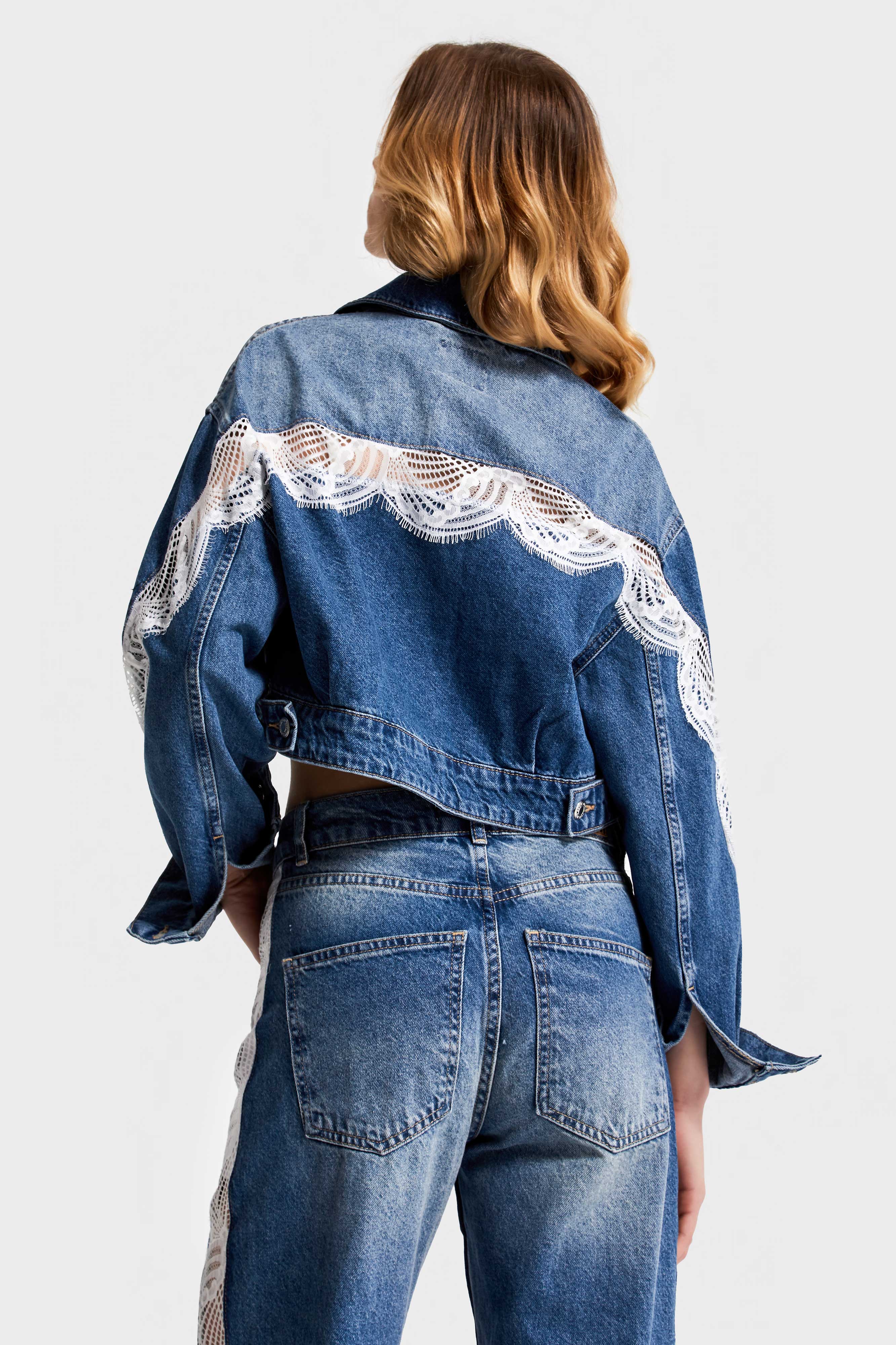 Women's Denim Color 2S532 Lace Sleeve Design Denim Jacket